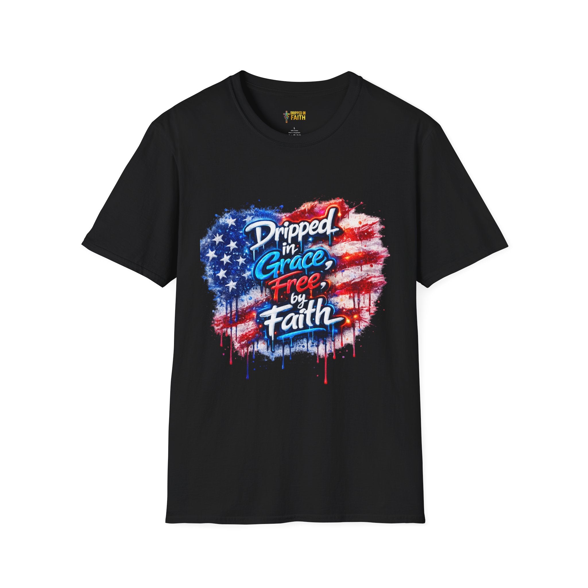 T-Shirt — "Dripped in Grace, Free in Faith" American Flag Christian Graphic Tee - 4th of July