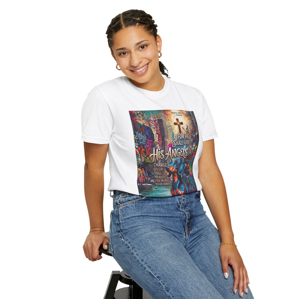Unisex Christian Dog Grafitti T‑Shirt — "For He Shall Give His Angels Charge Over You" Inspirational Paw Print Tee