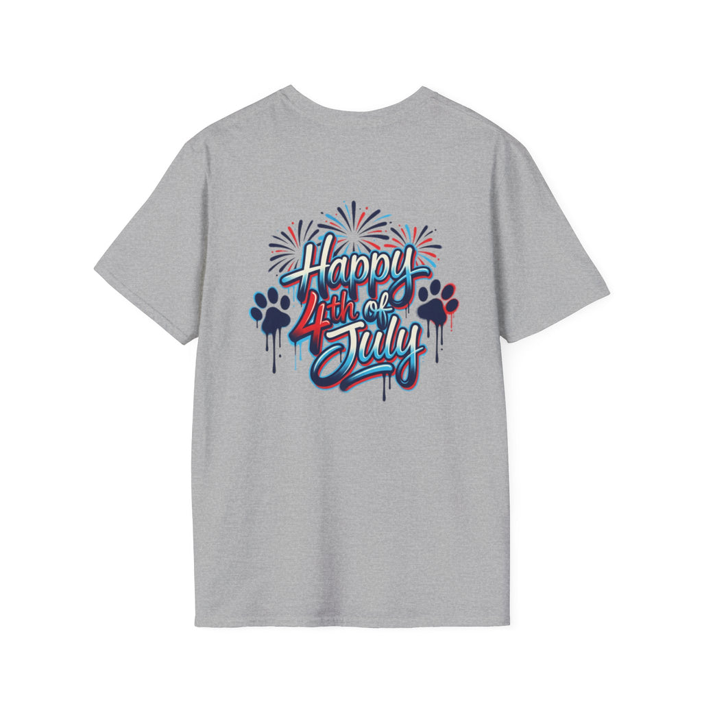 T-Shirt Gráfica 4 de Julho América — Bandeira dos EUA Patriótica e Design de Fogo de Artifício