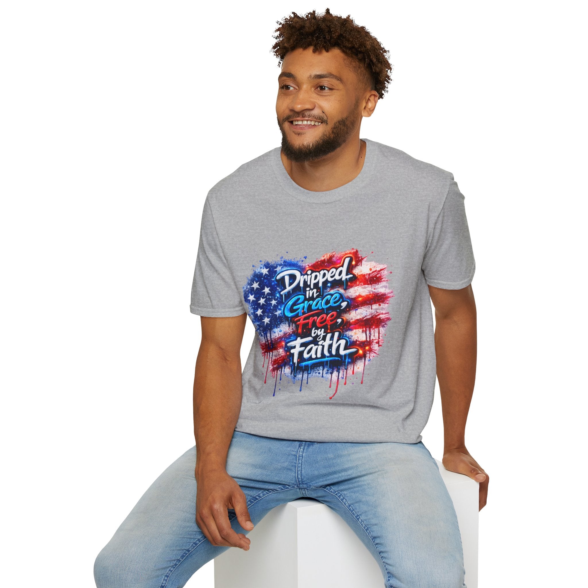 T-Shirt — "Dripped in Grace, Free in Faith" American Flag Christian Graphic Tee - 4th of July