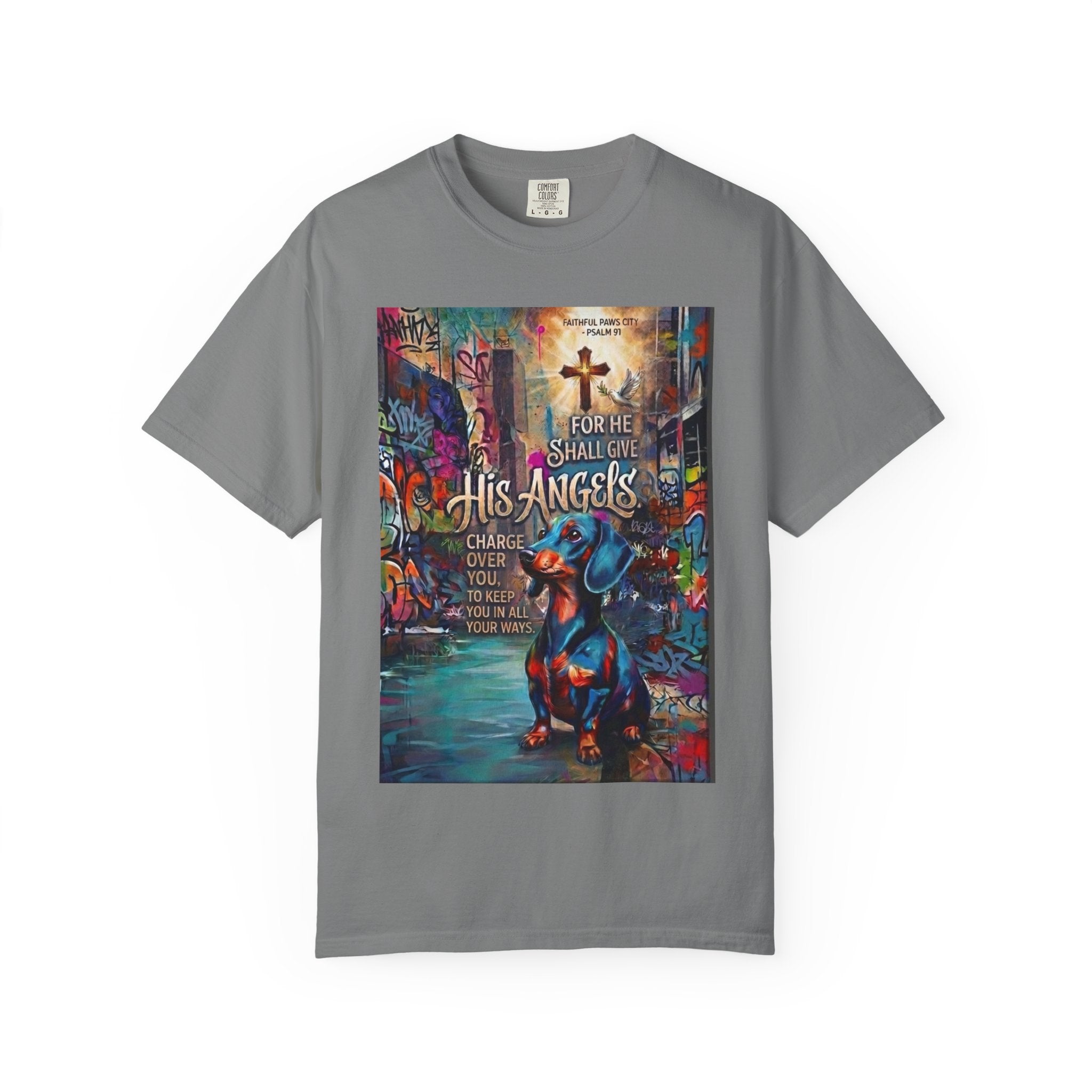 Unisex Christian Dog Grafitti T‑Shirt — "For He Shall Give His Angels Charge Over You" Inspirational Paw Print Tee