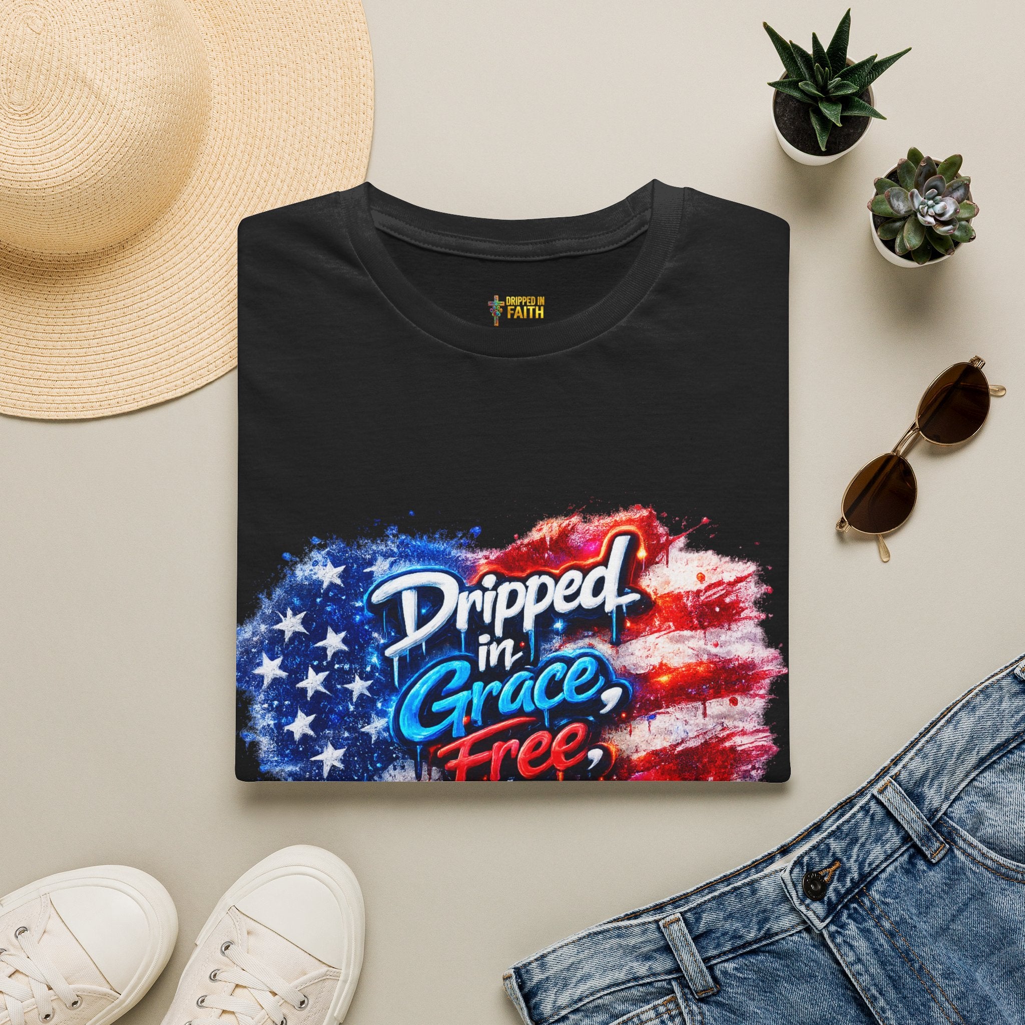 T-Shirt — "Dripped in Grace, Free in Faith" American Flag Christian Graphic Tee - 4th of July