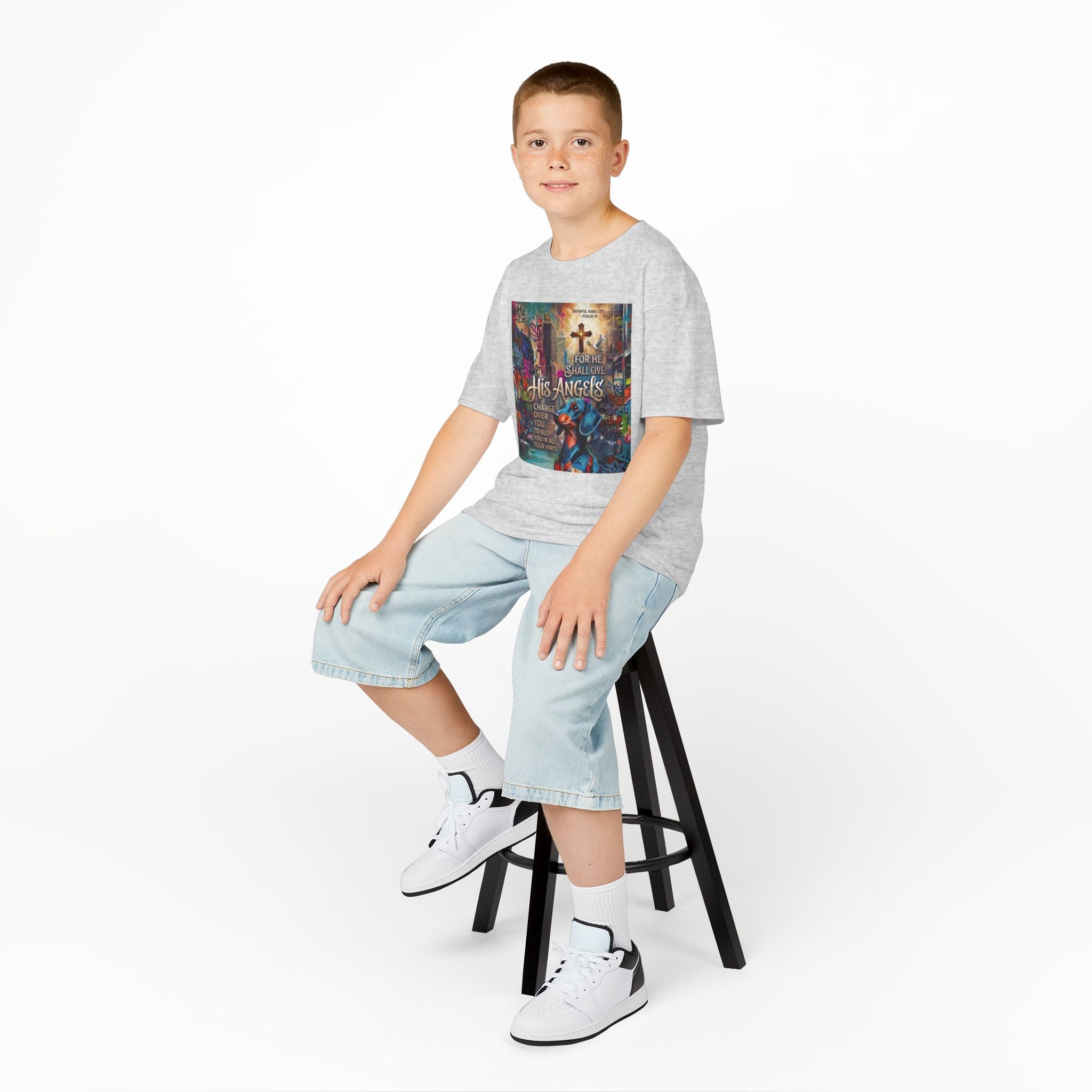 Kids Grafitti Dachshund T-Shirt — "Faithful Paws City" Colorful Angels & Paw Print Graphic Tee