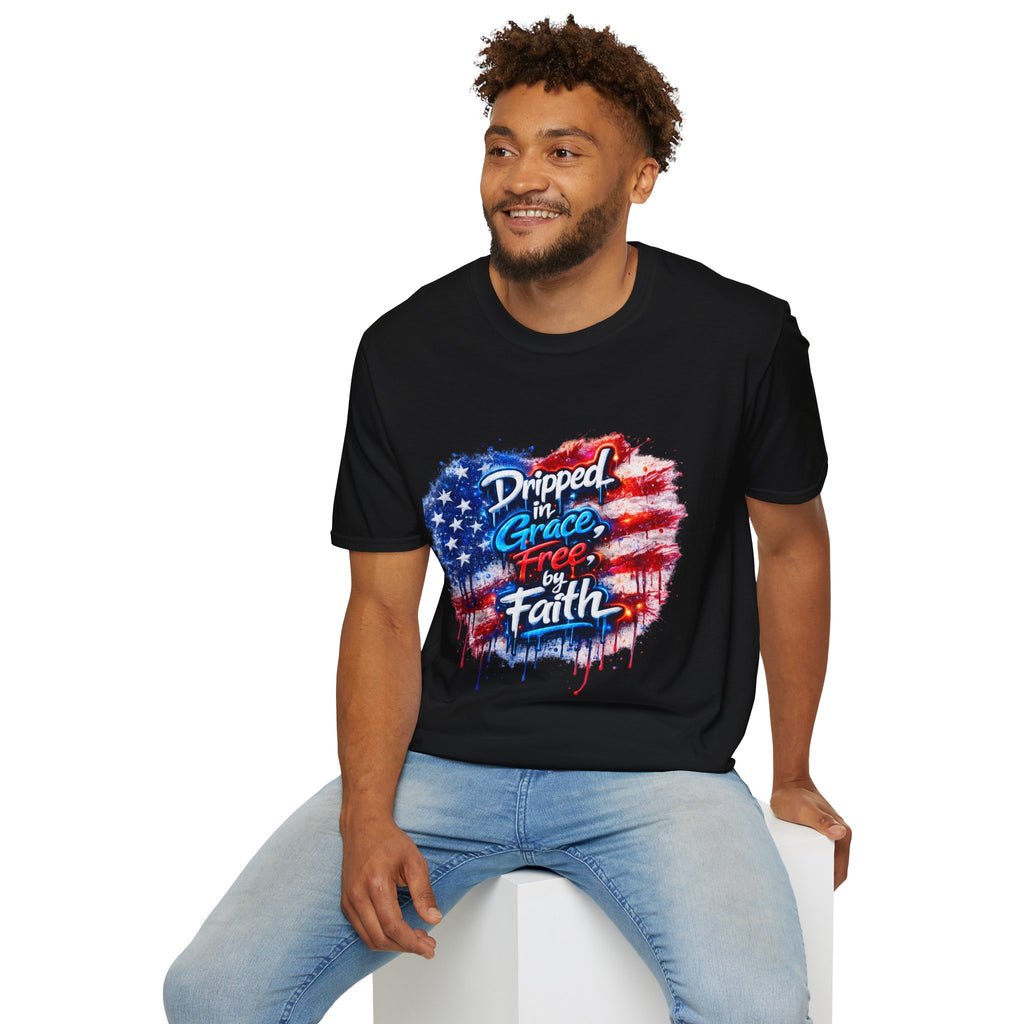 T-Shirt — "Dripped in Grace, Free in Faith" American Flag Christian Graphic Tee - 4th of July