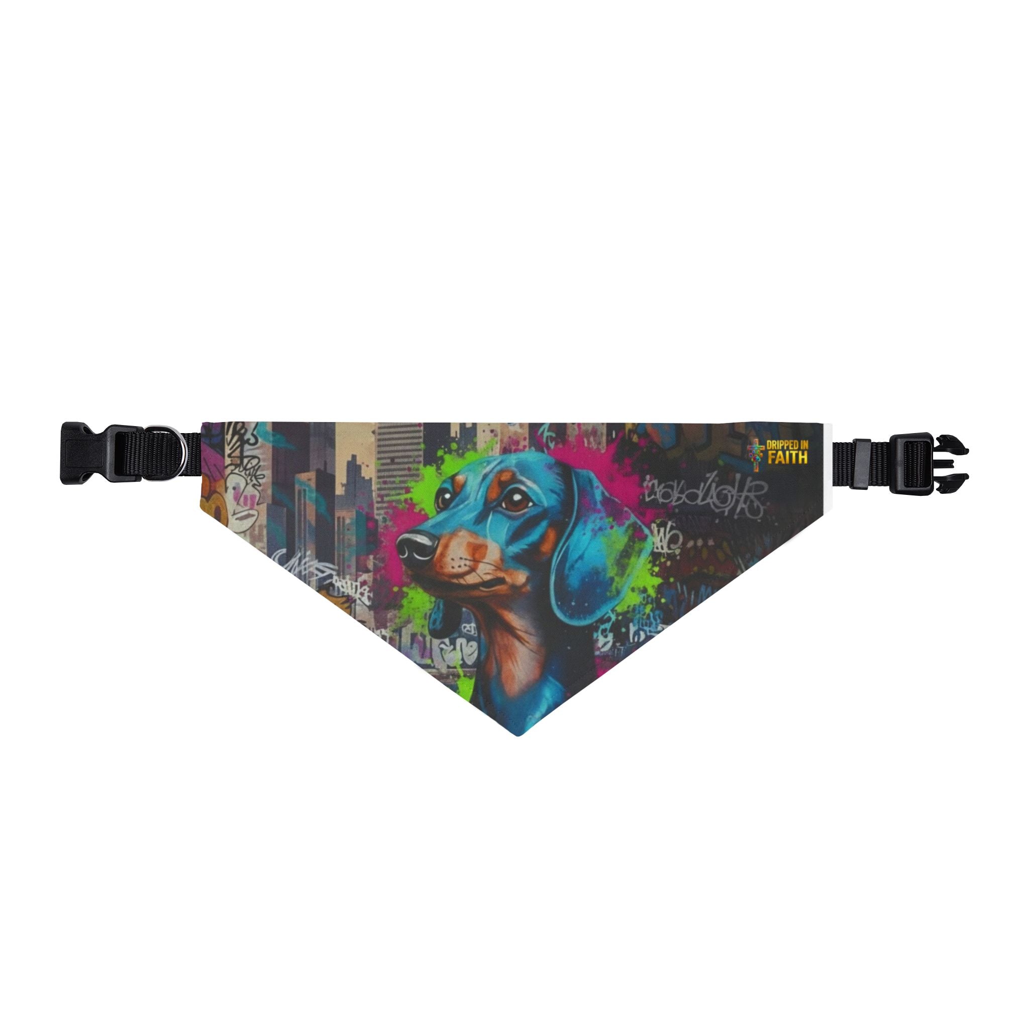 Pañuelo para mascotas con clip - Diseño colorido de perro salchicha con grafiti