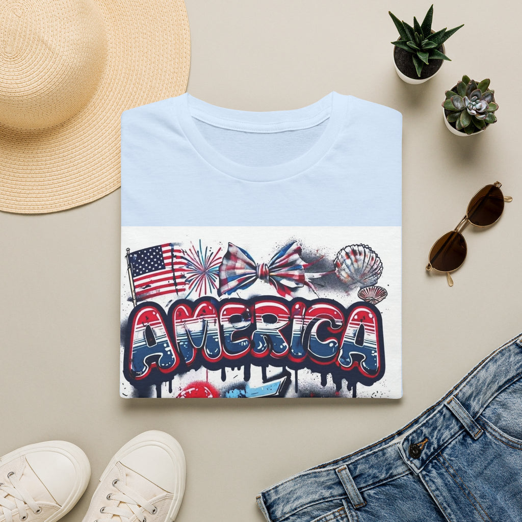 T-Shirt Gráfica 4 de Julho América — Bandeira dos EUA Patriótica e Design de Fogo de Artifício