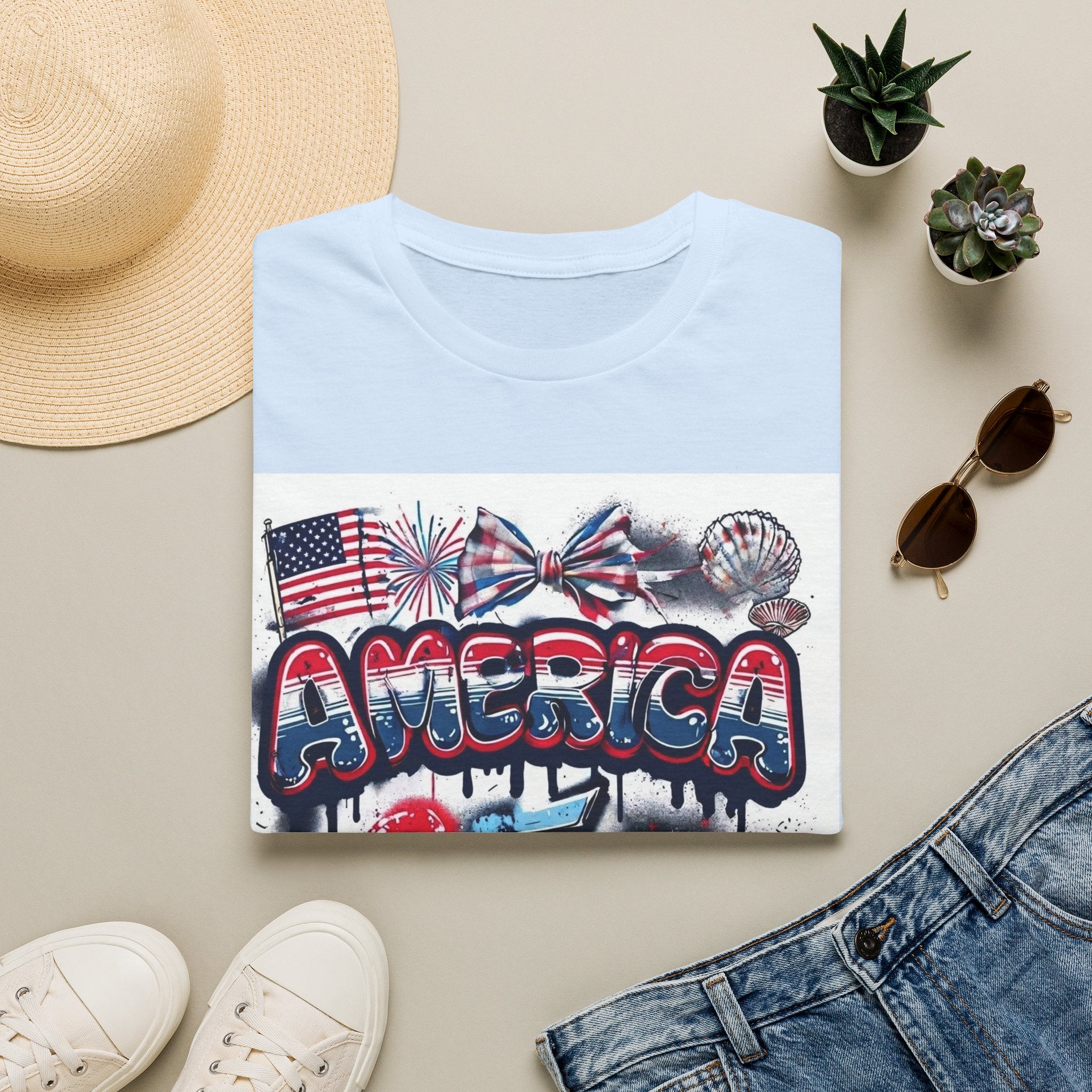 T-Shirt Gráfica 4 de Julho América — Bandeira dos EUA Patriótica e Design de Fogo de Artifício