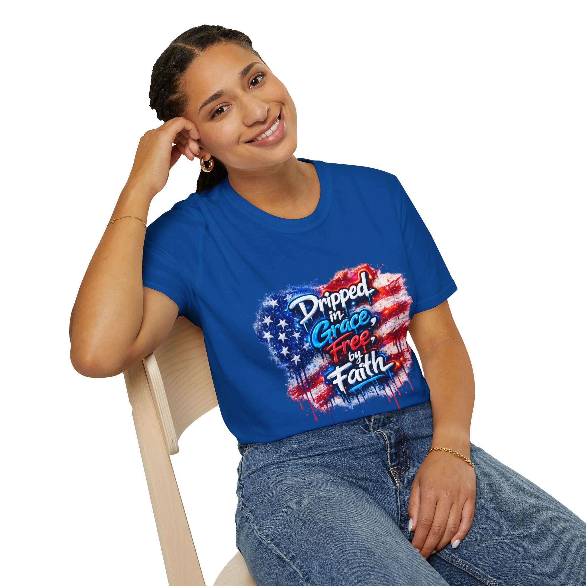 T-Shirt — "Dripped in Grace, Free in Faith" American Flag Christian Graphic Tee - 4th of July