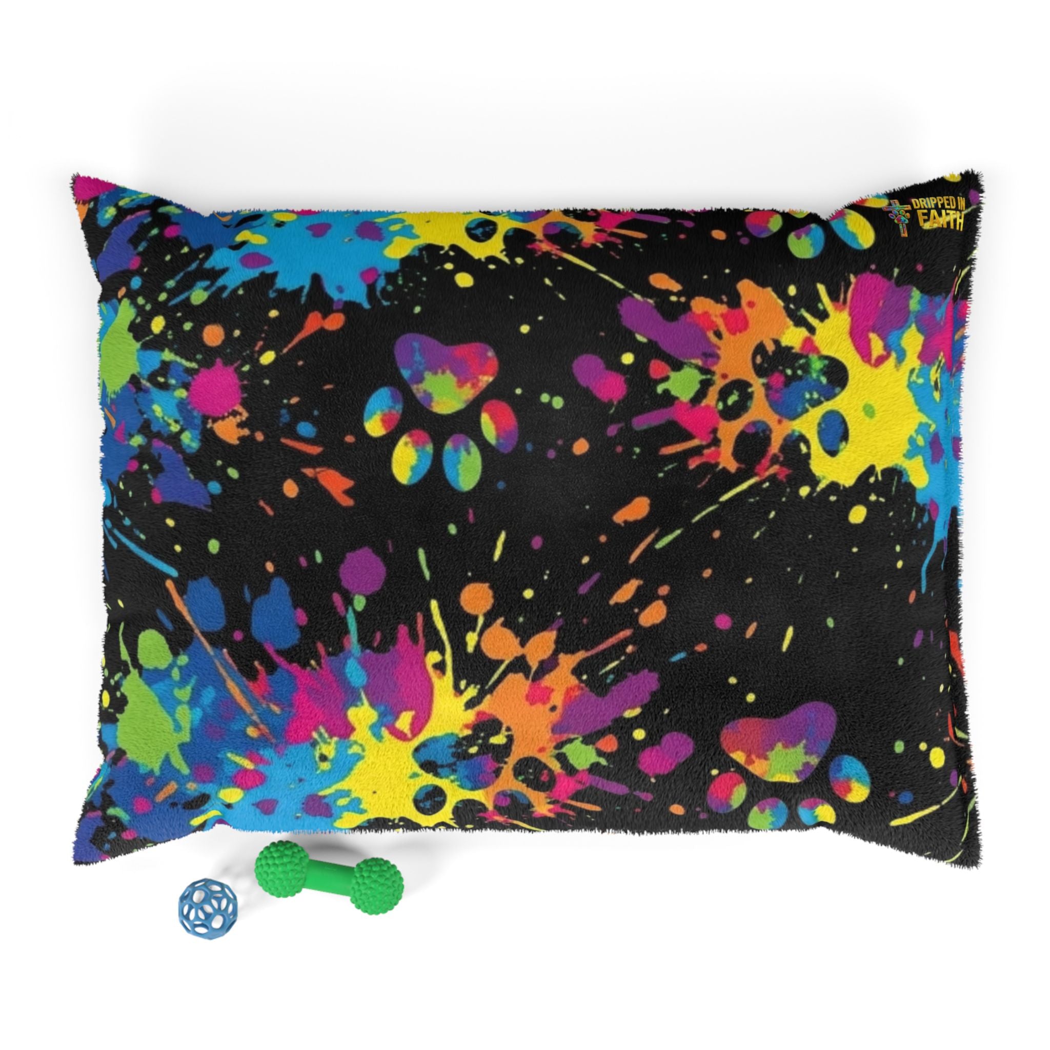 Colorful Paw Print Pet Bed — splatter paint design, cozy dog & cat cushion