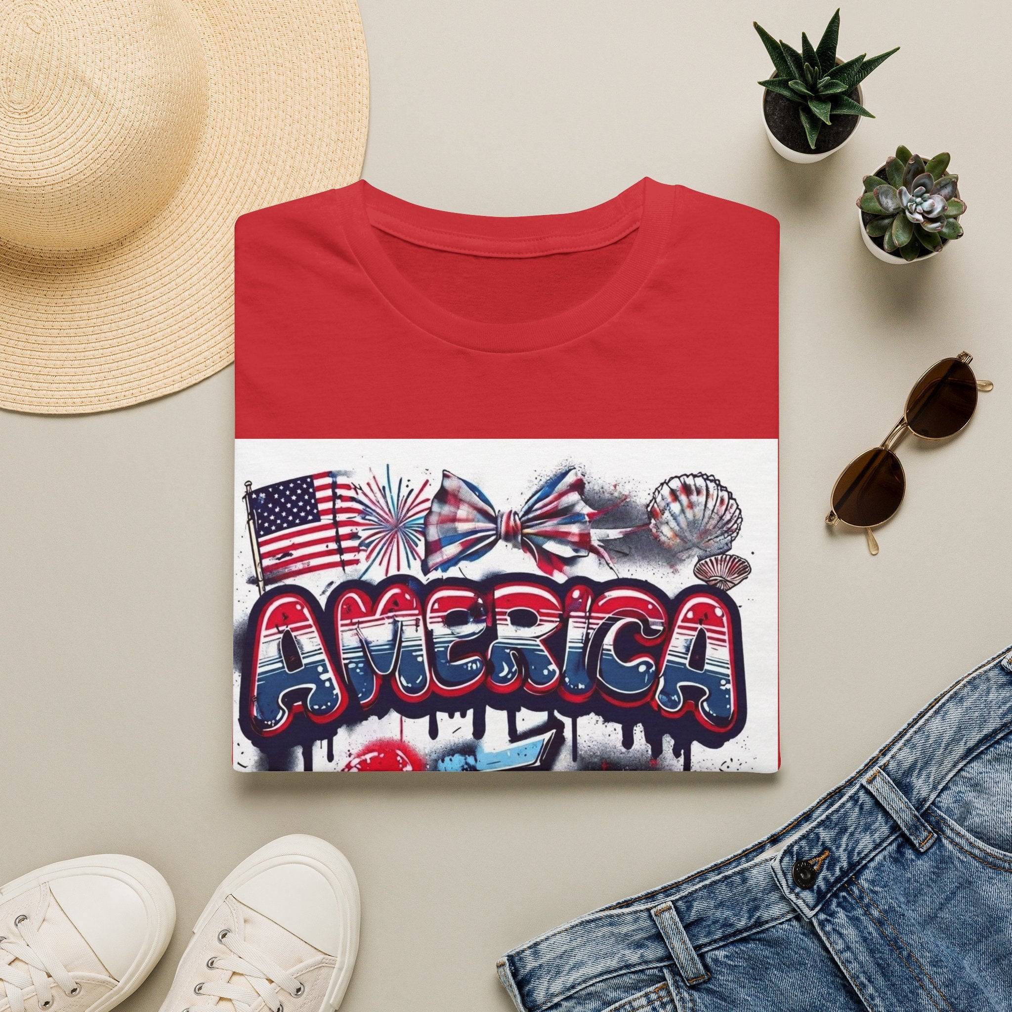 T-Shirt Gráfica 4 de Julho América — Bandeira dos EUA Patriótica e Design de Fogo de Artifício