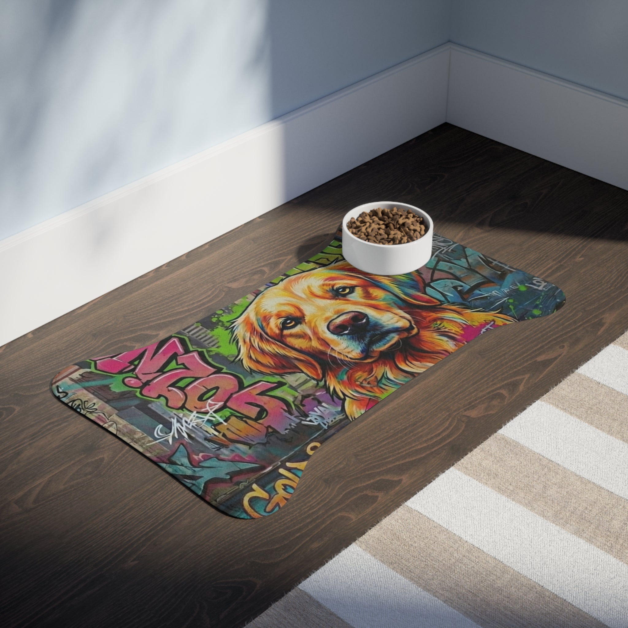 Graffiti Golden Retriever Pet Feeding Mat — Colorful Dog Placemat