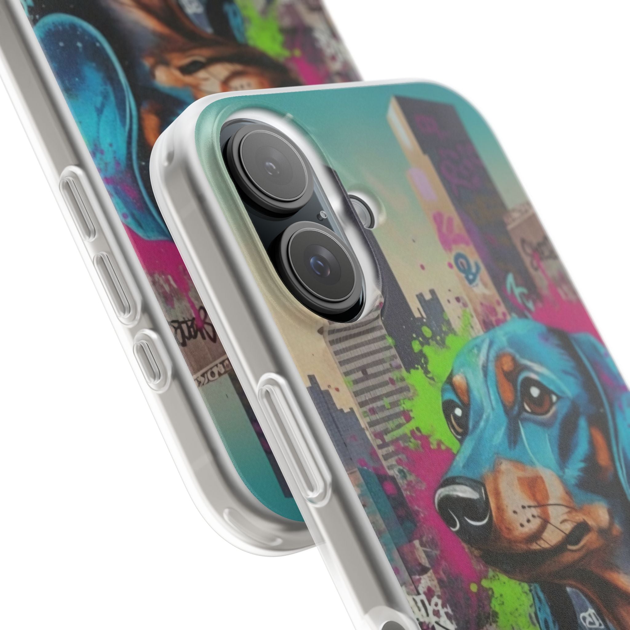 Funda flexible para teléfono de arte callejero de Dachshund — Funda de iPhone con perro de grafiti colorido