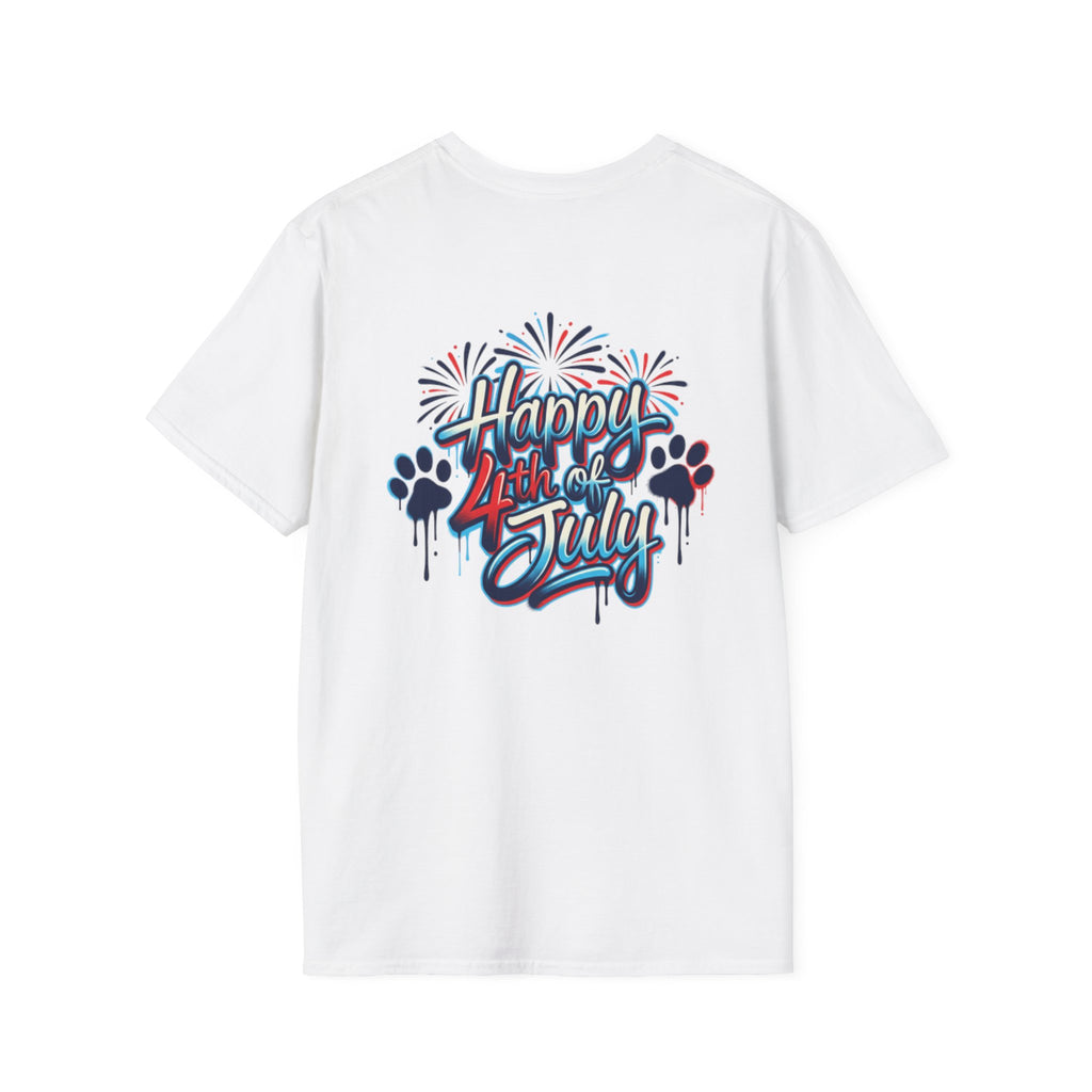 T-Shirt Gráfica 4 de Julho América — Bandeira dos EUA Patriótica e Design de Fogo de Artifício