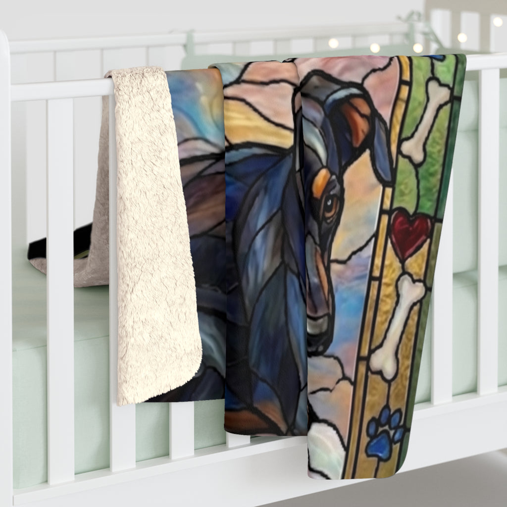 Dachshund Guardian Angel Sherpa Blanket — 'For He Shall Give His Angels Charge' Stained Glass Throw