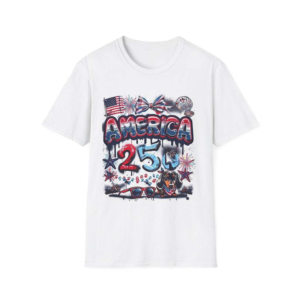 T-Shirt Gráfica 4 de Julho América — Bandeira dos EUA Patriótica e Design de Fogo de Artifício