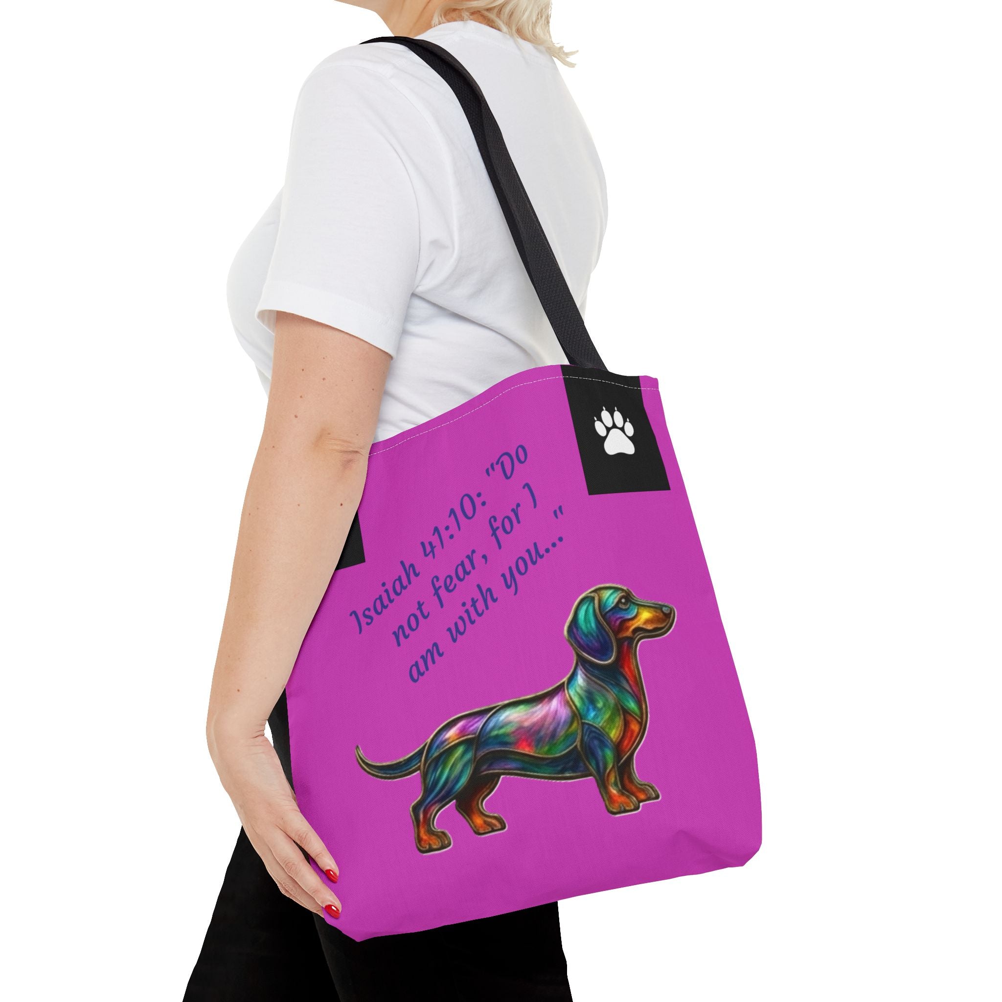 Mala de Ombro Dachshund Faithful Paws City — Mala Inspiradora para Amantes de Cães de Isaías 41:10