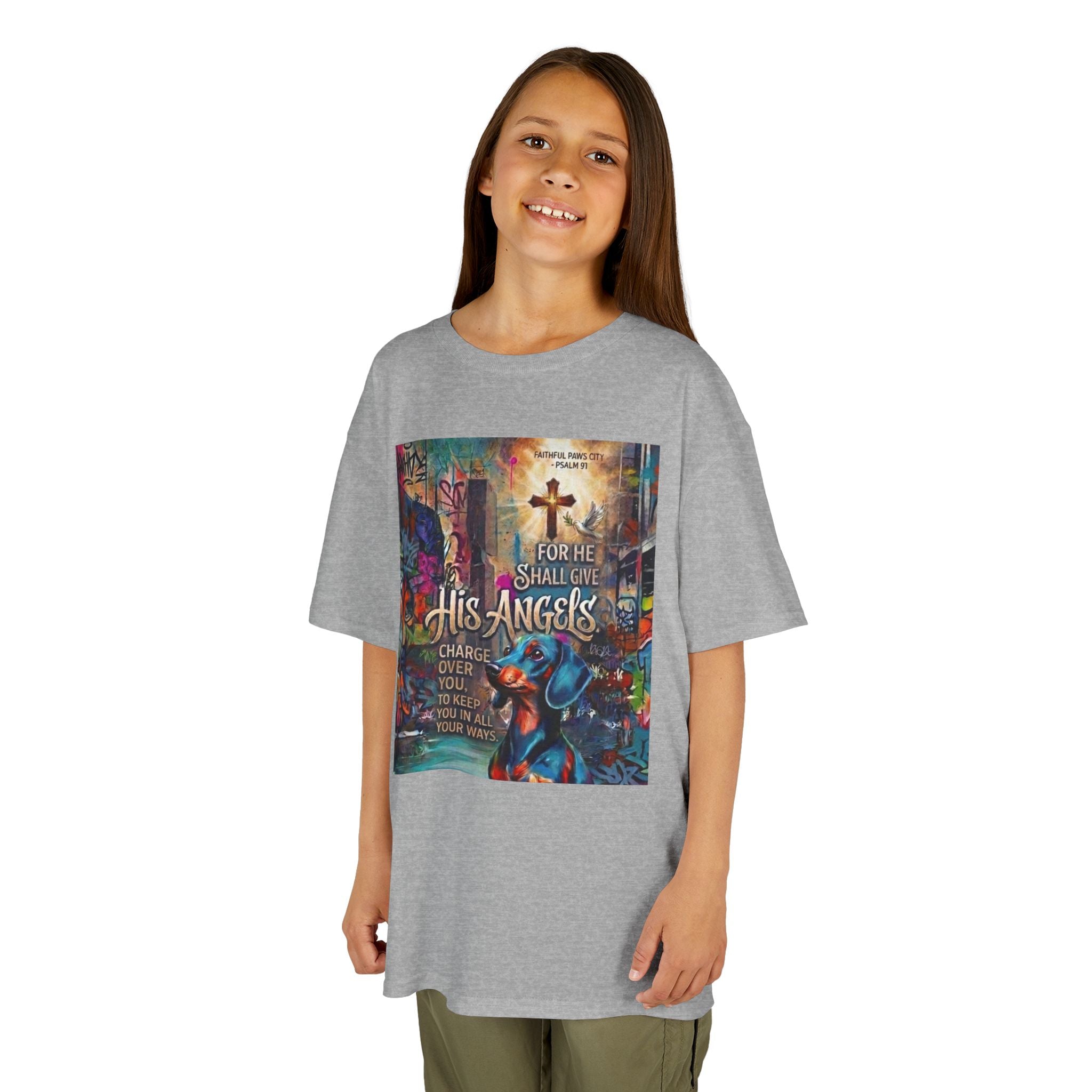 Kids Grafitti Dachshund T-Shirt — "Faithful Paws City" Colorful Angels & Paw Print Graphic Tee