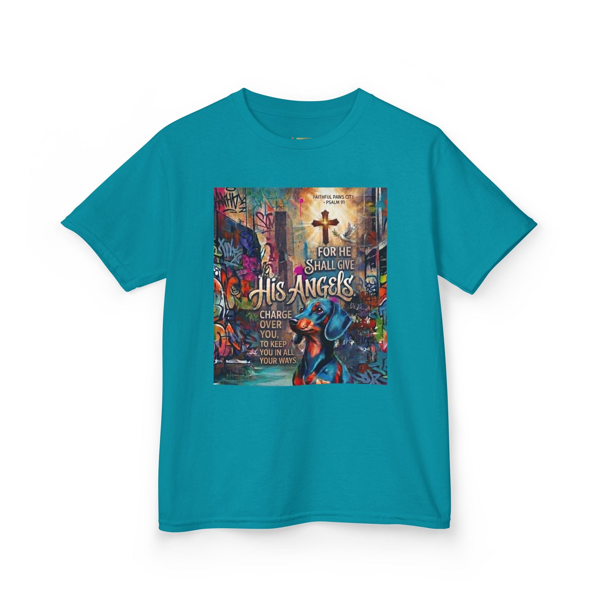 Kids Grafitti Dachshund T-Shirt — "Faithful Paws City" Colorful Angels & Paw Print Graphic Tee