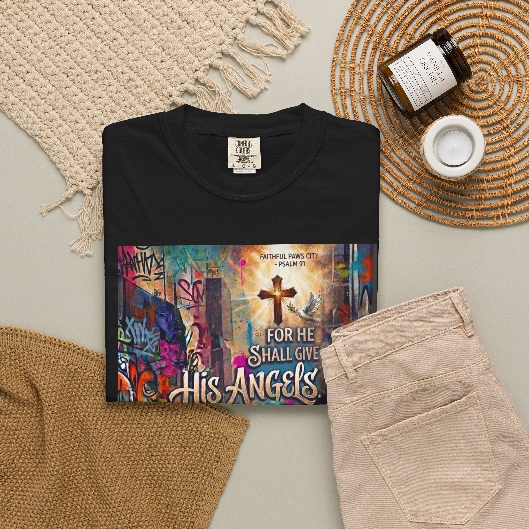 Unisex Christian Dog Grafitti T‑Shirt — "For He Shall Give His Angels Charge Over You" Inspirational Paw Print Tee