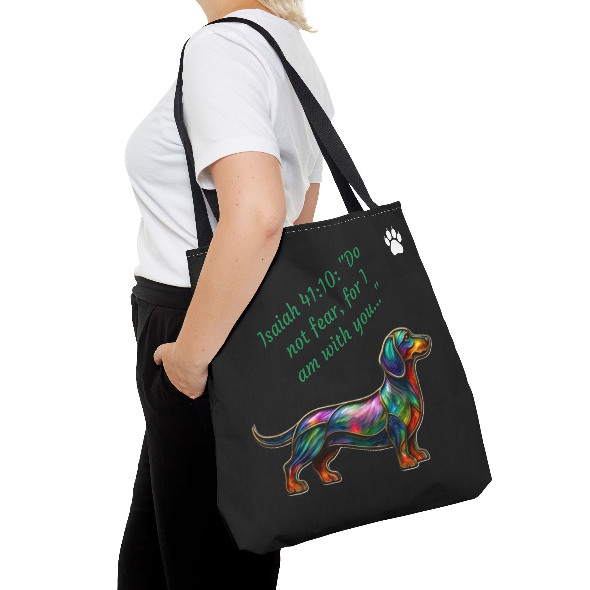 Faithful Paws City Dachshund Tote — Isaiah 41:10 Inspirational Dog Lover Bag