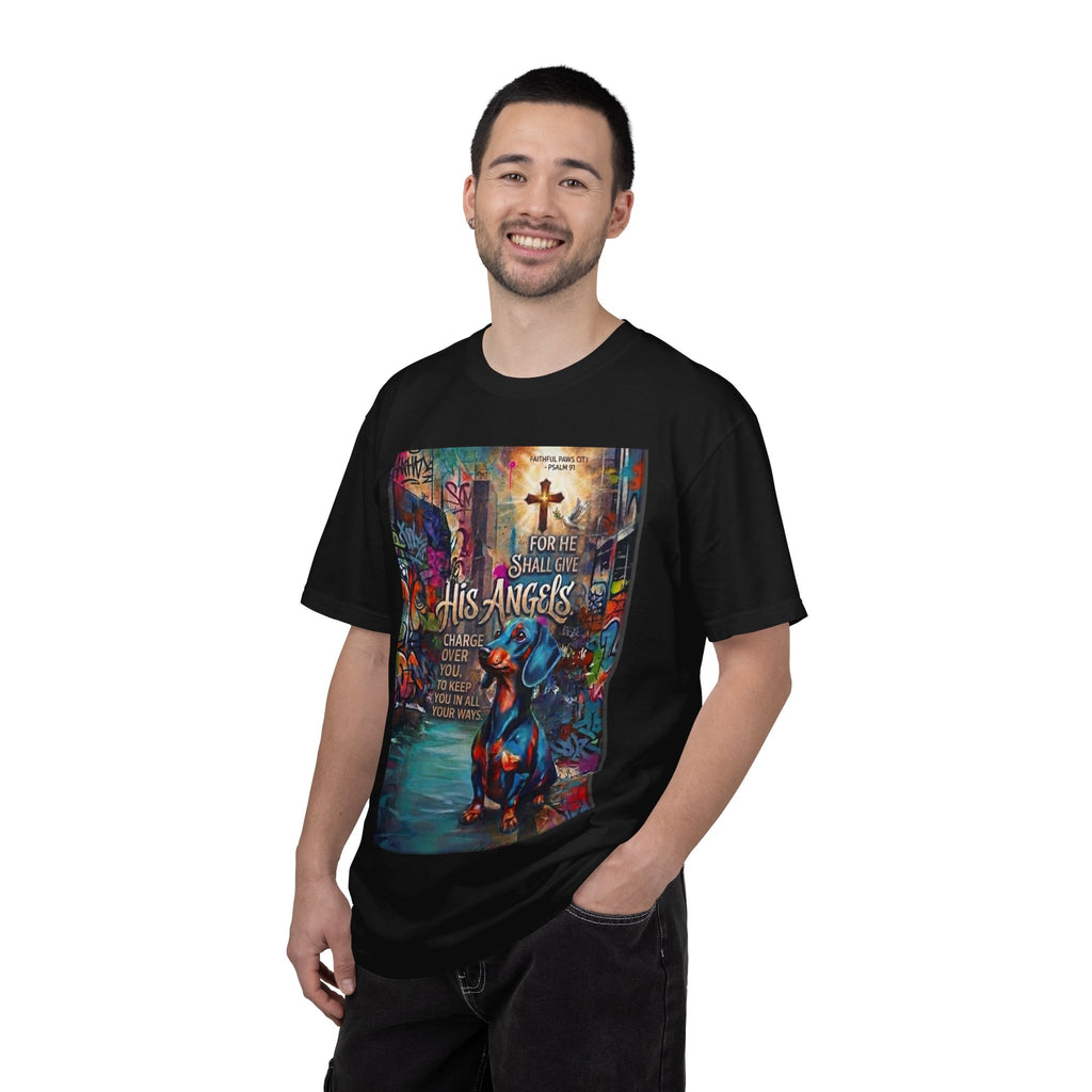 Unisex Christian Dog Grafitti T‑Shirt — "For He Shall Give His Angels Charge Over You" Inspirational Paw Print Tee