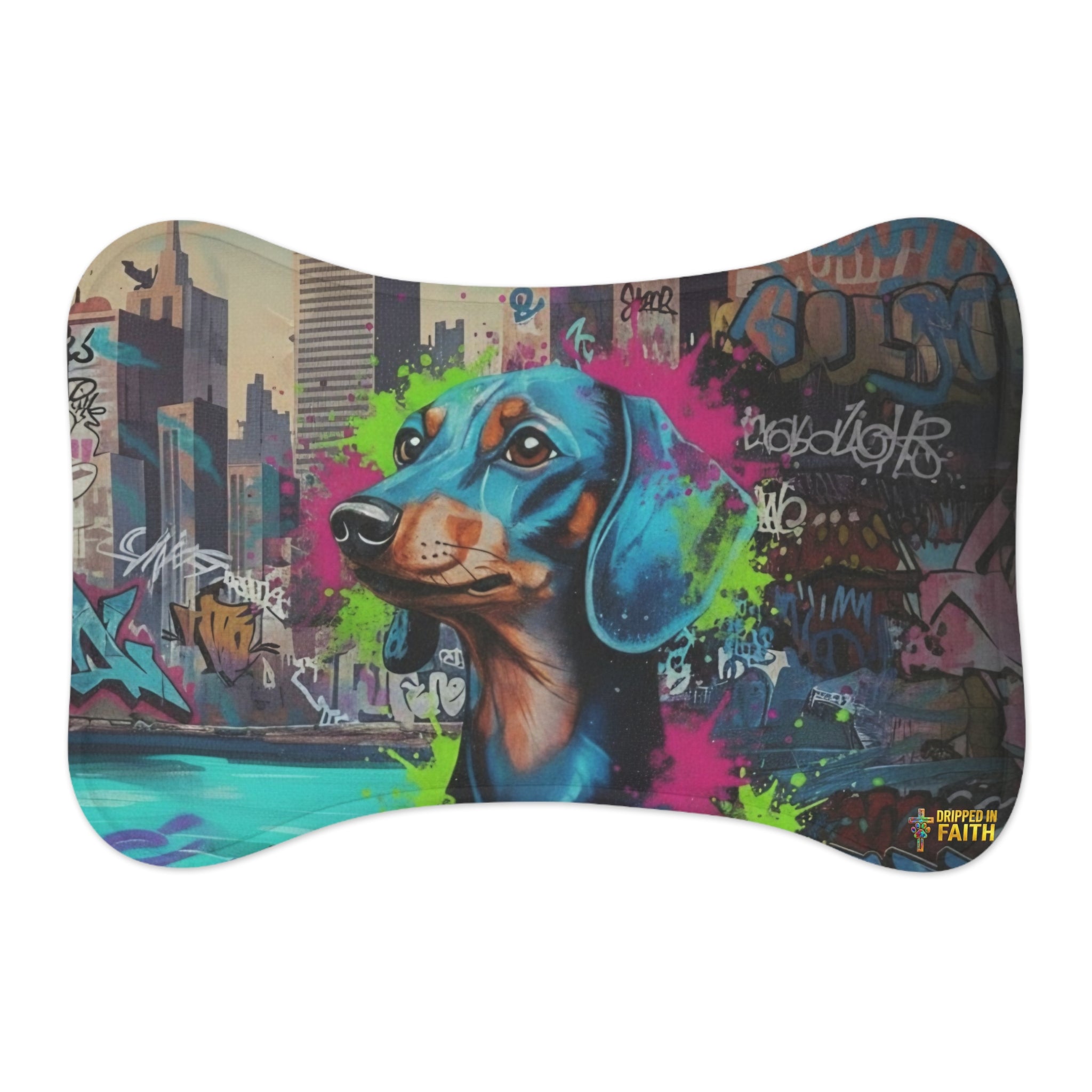 Tapete de Alimentação para Cão Dachshund com Graffiti — Individual para Tigela de Cão com Tema Urbano e Colorido