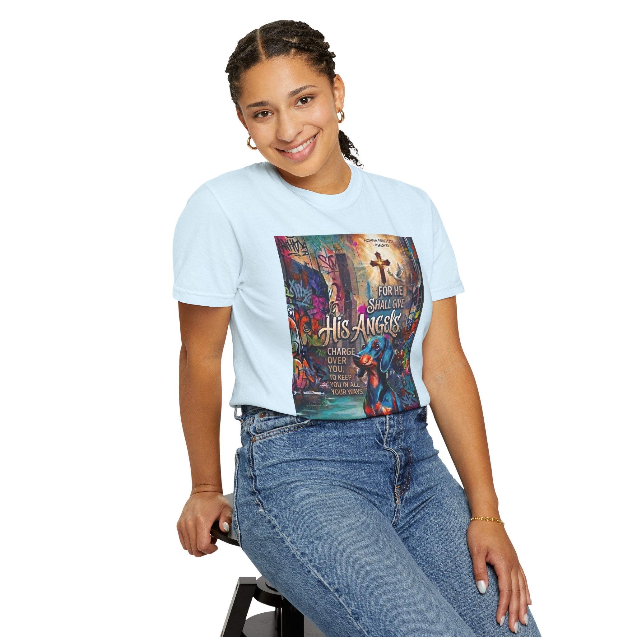 Unisex Christian Dog Grafitti T‑Shirt — "For He Shall Give His Angels Charge Over You" Inspirational Paw Print Tee