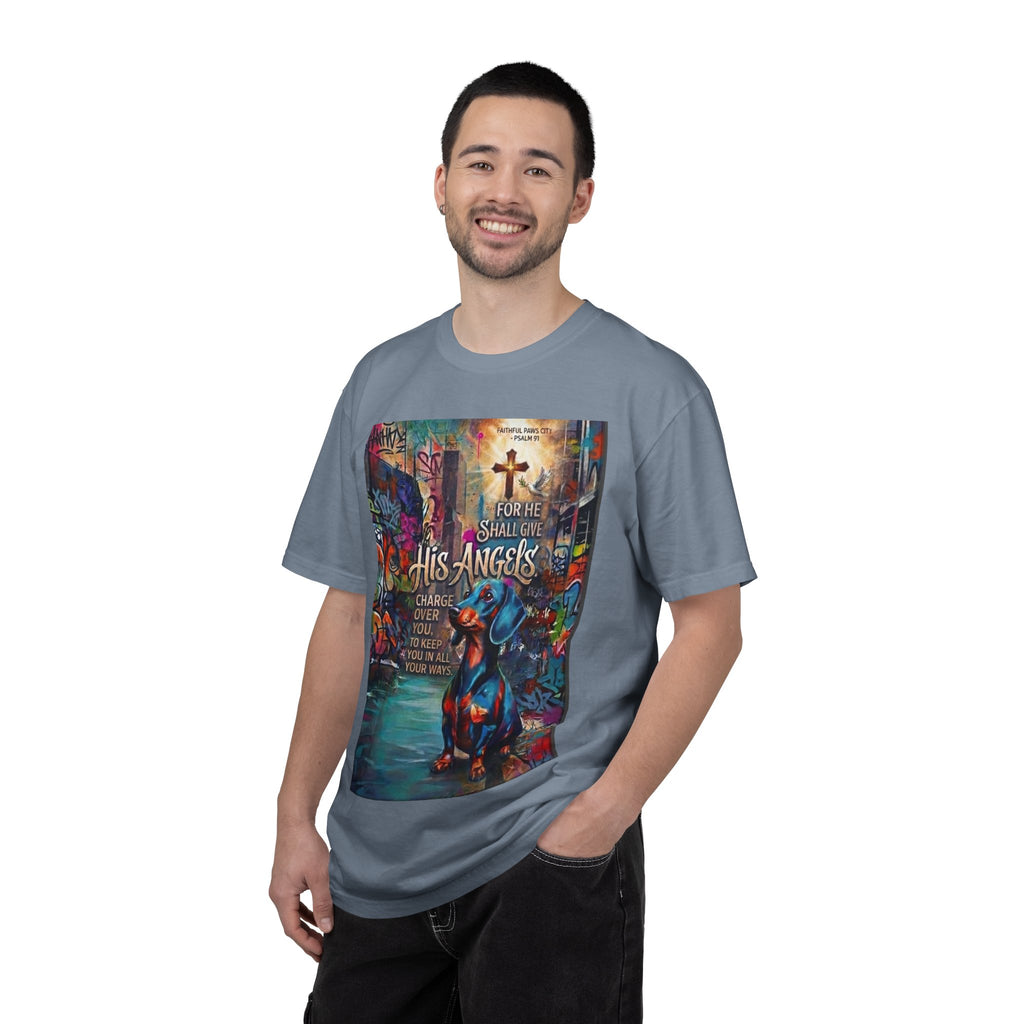 Unisex Christian Dog Grafitti T‑Shirt — "For He Shall Give His Angels Charge Over You" Inspirational Paw Print Tee