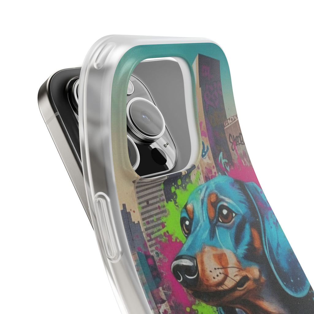 Funda flexible para teléfono de arte callejero de Dachshund — Funda de iPhone con perro de grafiti colorido