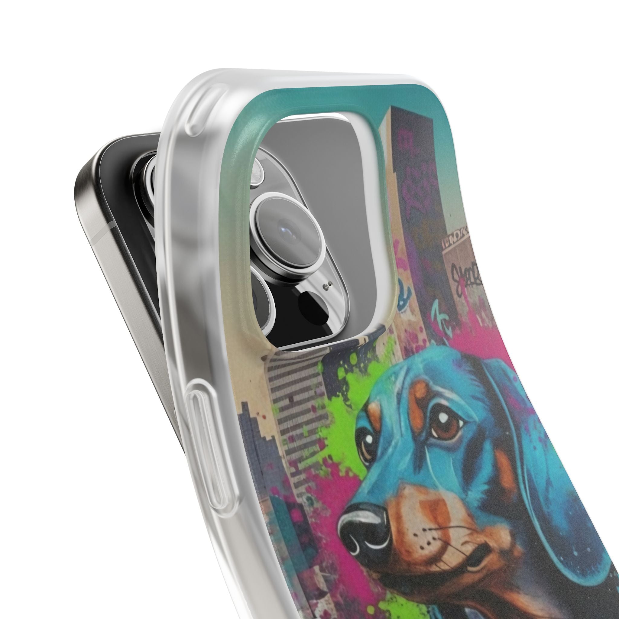 Funda flexible para teléfono de arte callejero de Dachshund — Funda de iPhone con perro de grafiti colorido