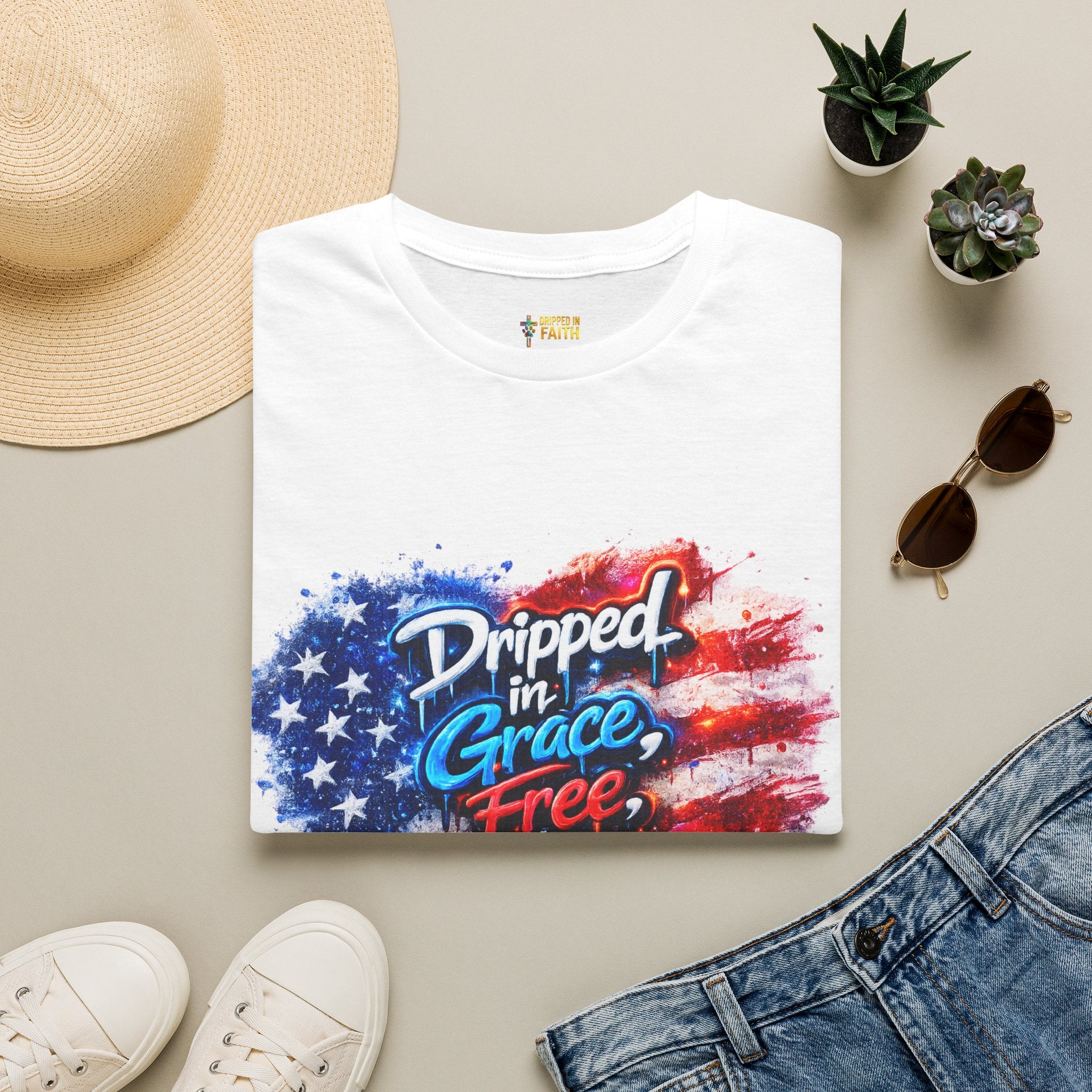T-Shirt — "Dripped in Grace, Free in Faith" American Flag Christian Graphic Tee - 4th of July