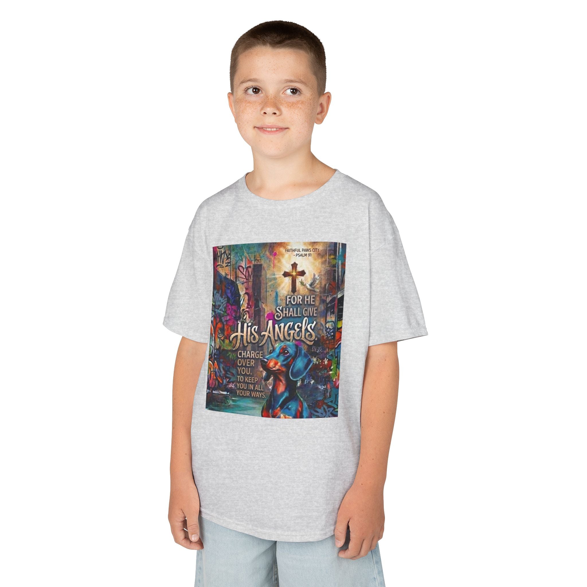 Kids Grafitti Dachshund T-Shirt — "Faithful Paws City" Colorful Angels & Paw Print Graphic Tee