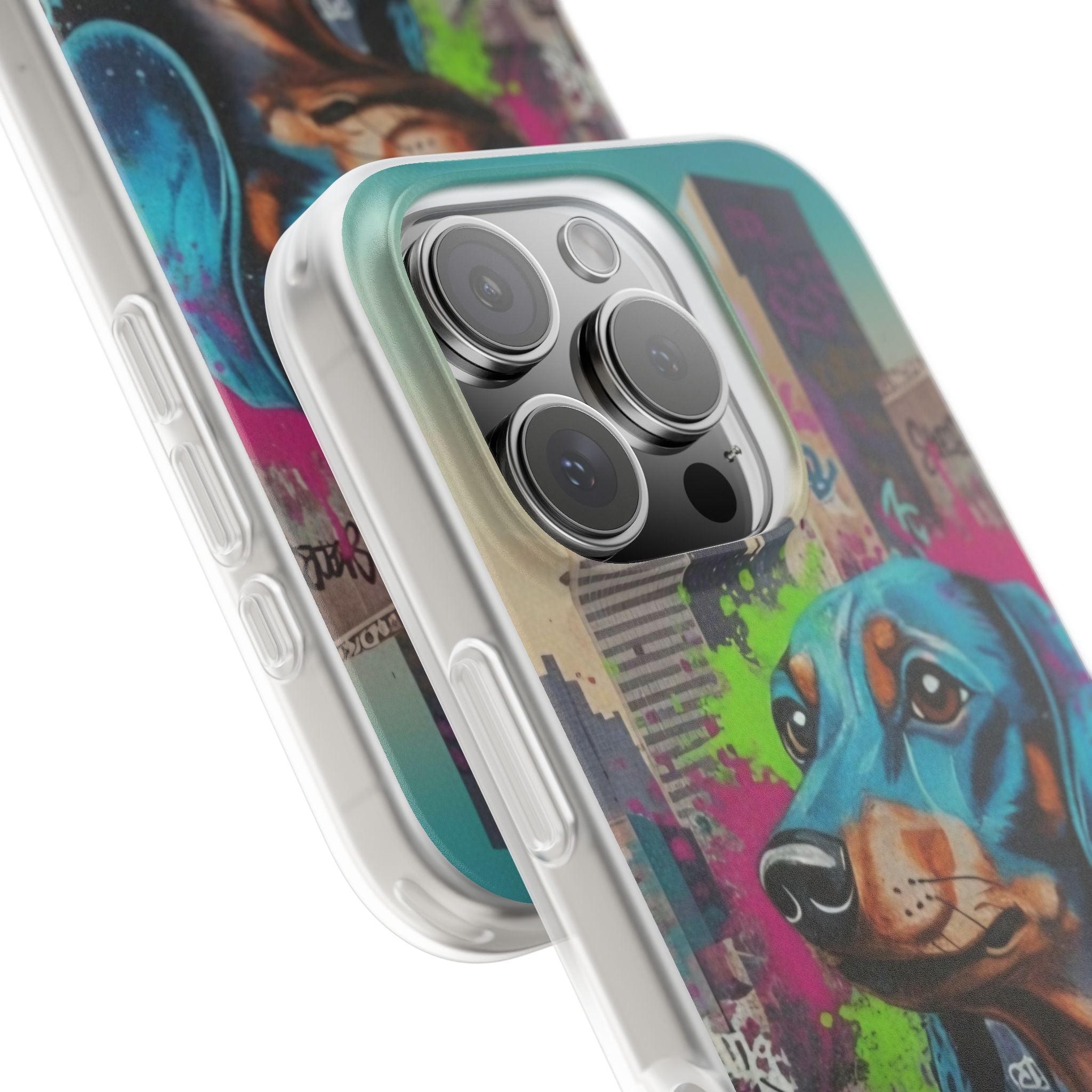 Funda flexible para teléfono de arte callejero de Dachshund — Funda de iPhone con perro de grafiti colorido