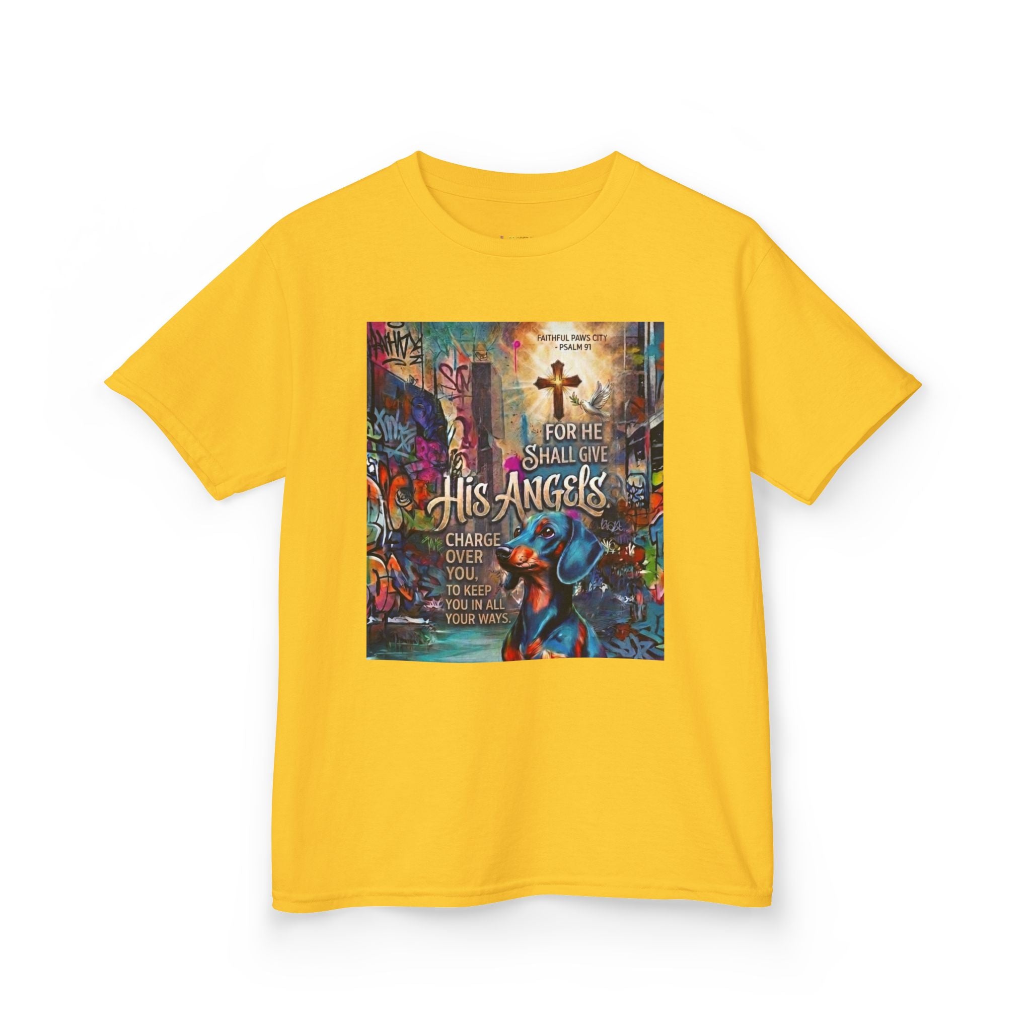 Kids Grafitti Dachshund T-Shirt — "Faithful Paws City" Colorful Angels & Paw Print Graphic Tee
