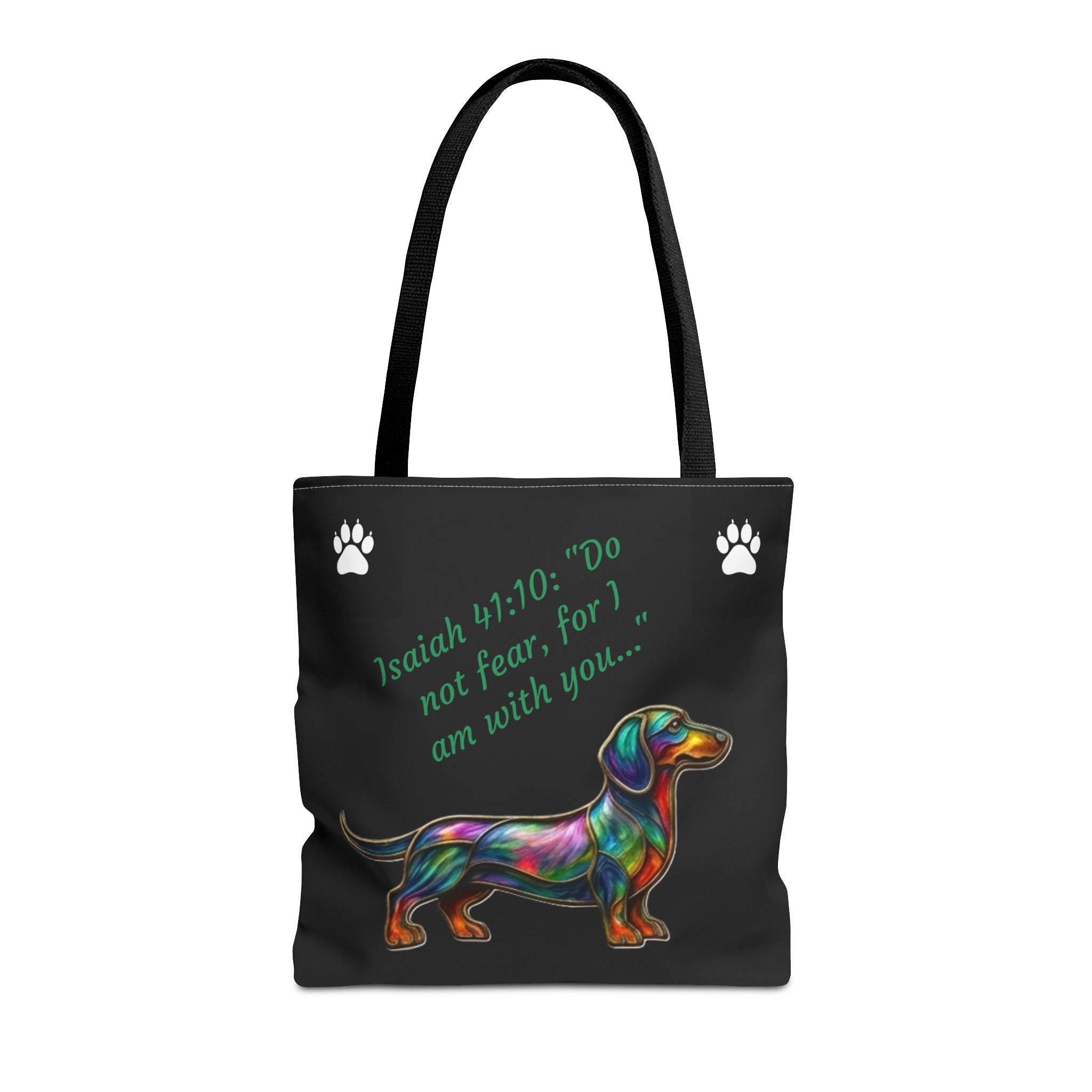 Faithful Paws City Dachshund Tote — Isaiah 41:10 Inspirational Dog Lover Bag