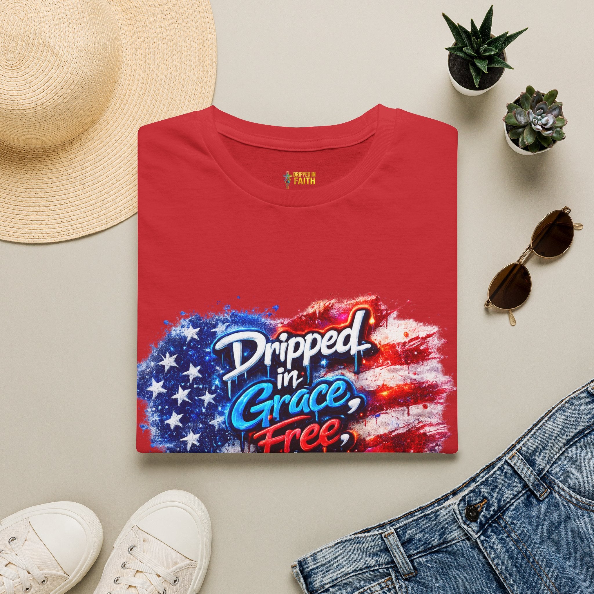 T-Shirt — "Dripped in Grace, Free in Faith" American Flag Christian Graphic Tee - 4th of July