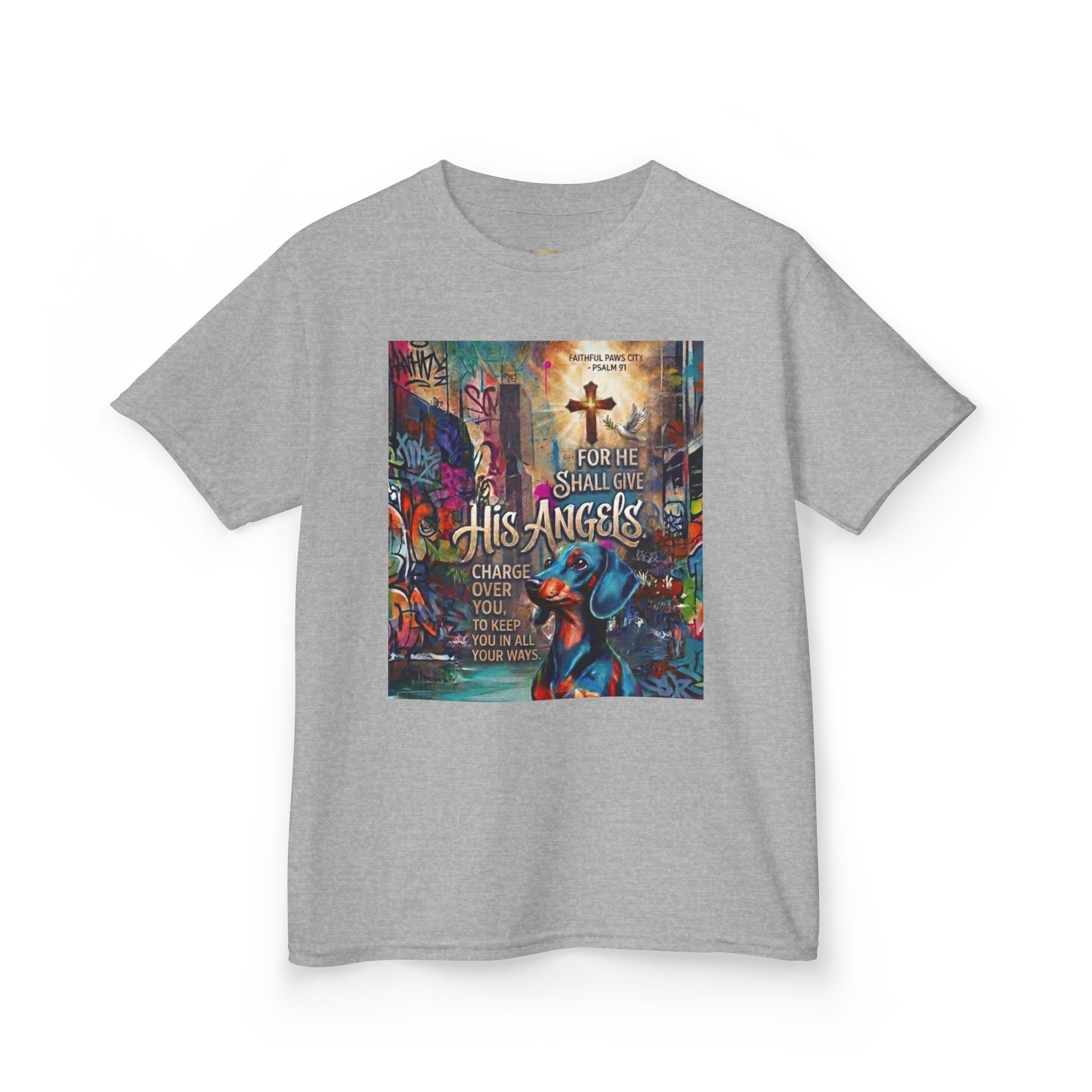 Kids Grafitti Dachshund T-Shirt — "Faithful Paws City" Colorful Angels & Paw Print Graphic Tee
