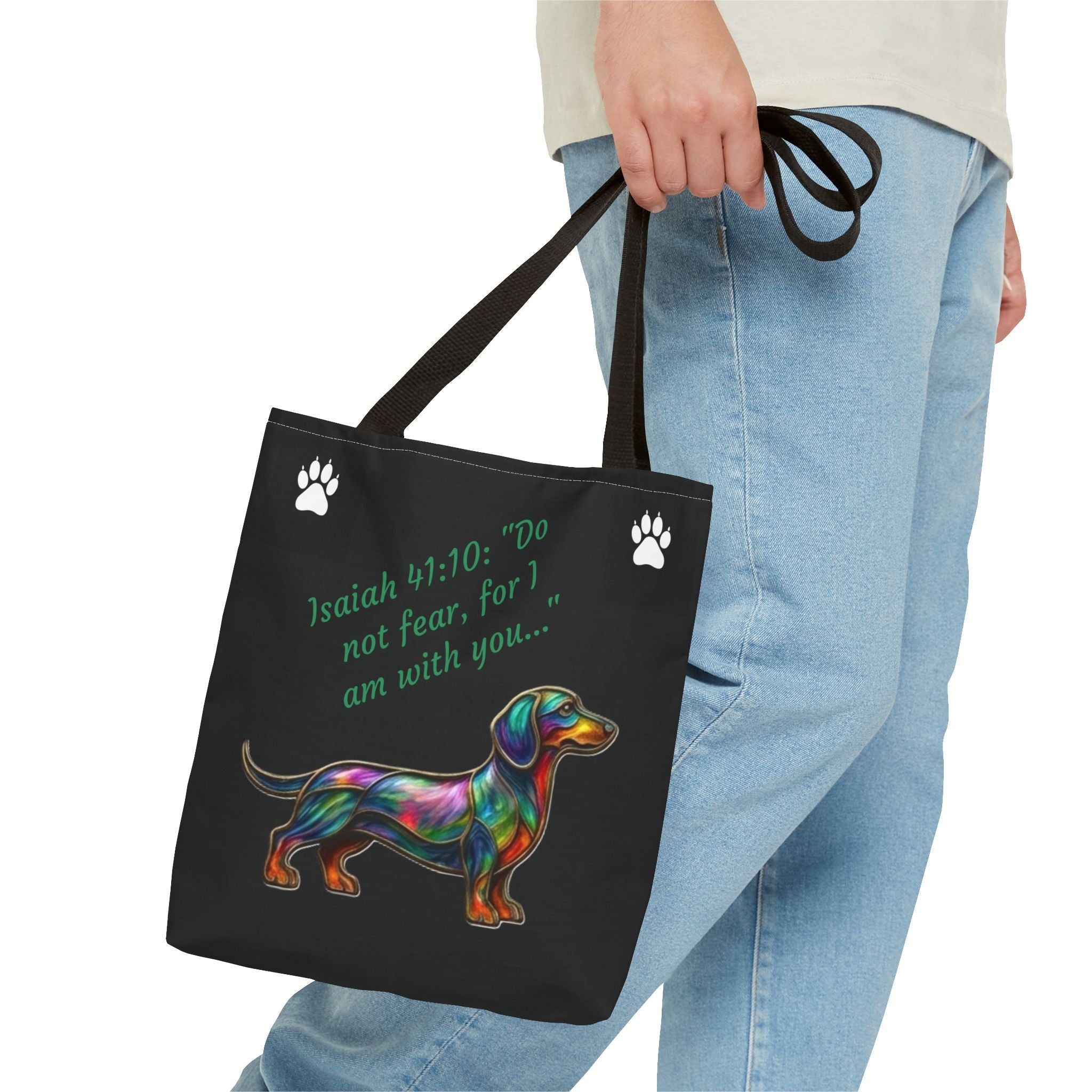 Faithful Paws City Dachshund Tote — Isaiah 41:10 Inspirational Dog Lover Bag