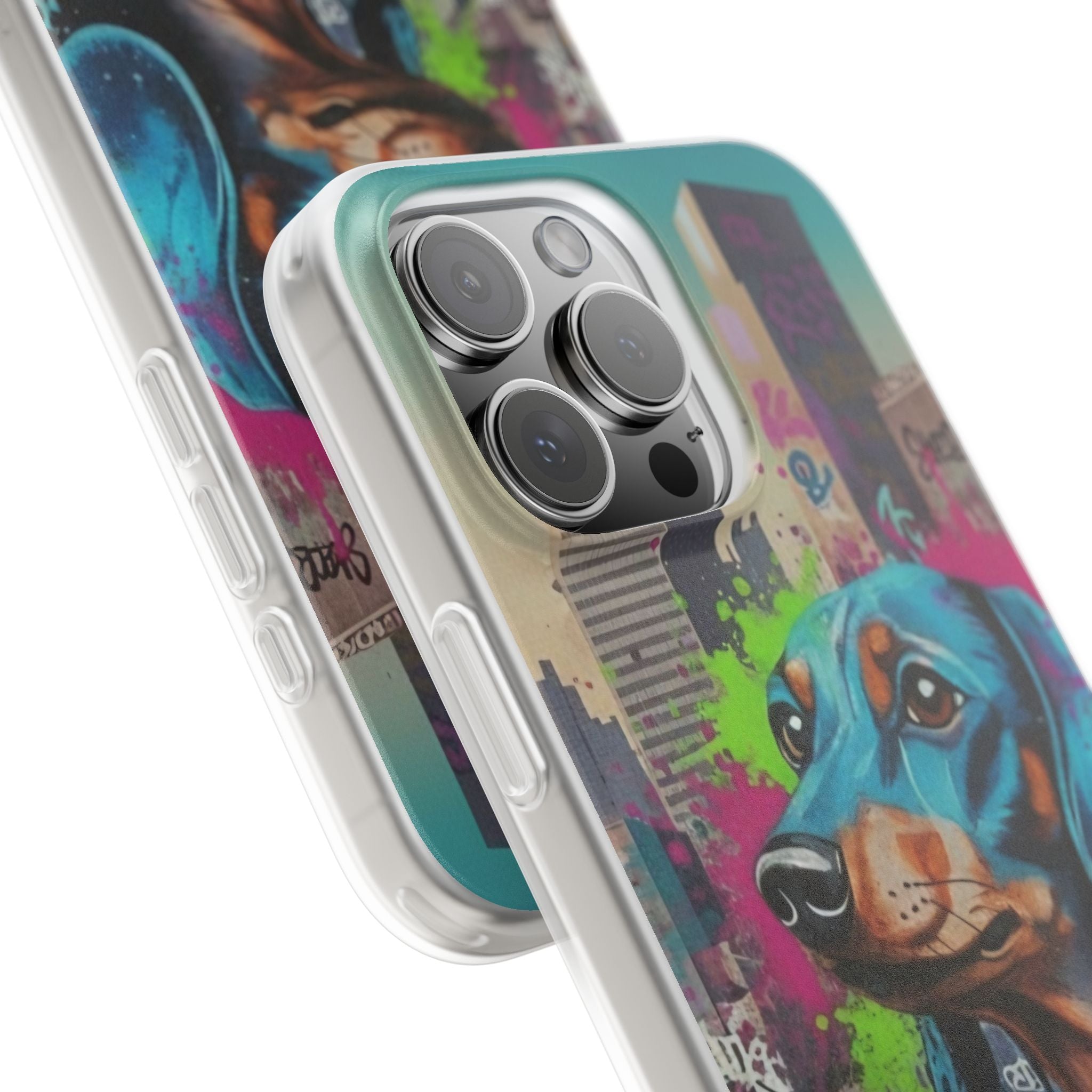 Funda flexible para teléfono de arte callejero de Dachshund — Funda de iPhone con perro de grafiti colorido