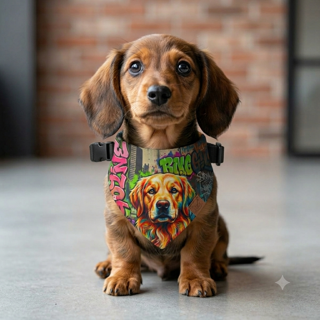 Graffiti Golden Retriever Clip-On Pet Bandana — Urban Dog Collar Accessory