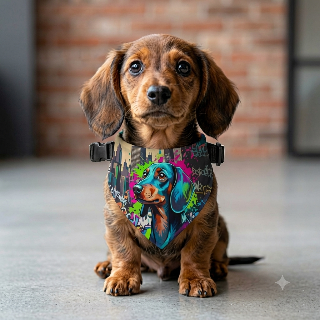 Clip-On Pet Bandana — Colorful Graffiti Dachshund Design