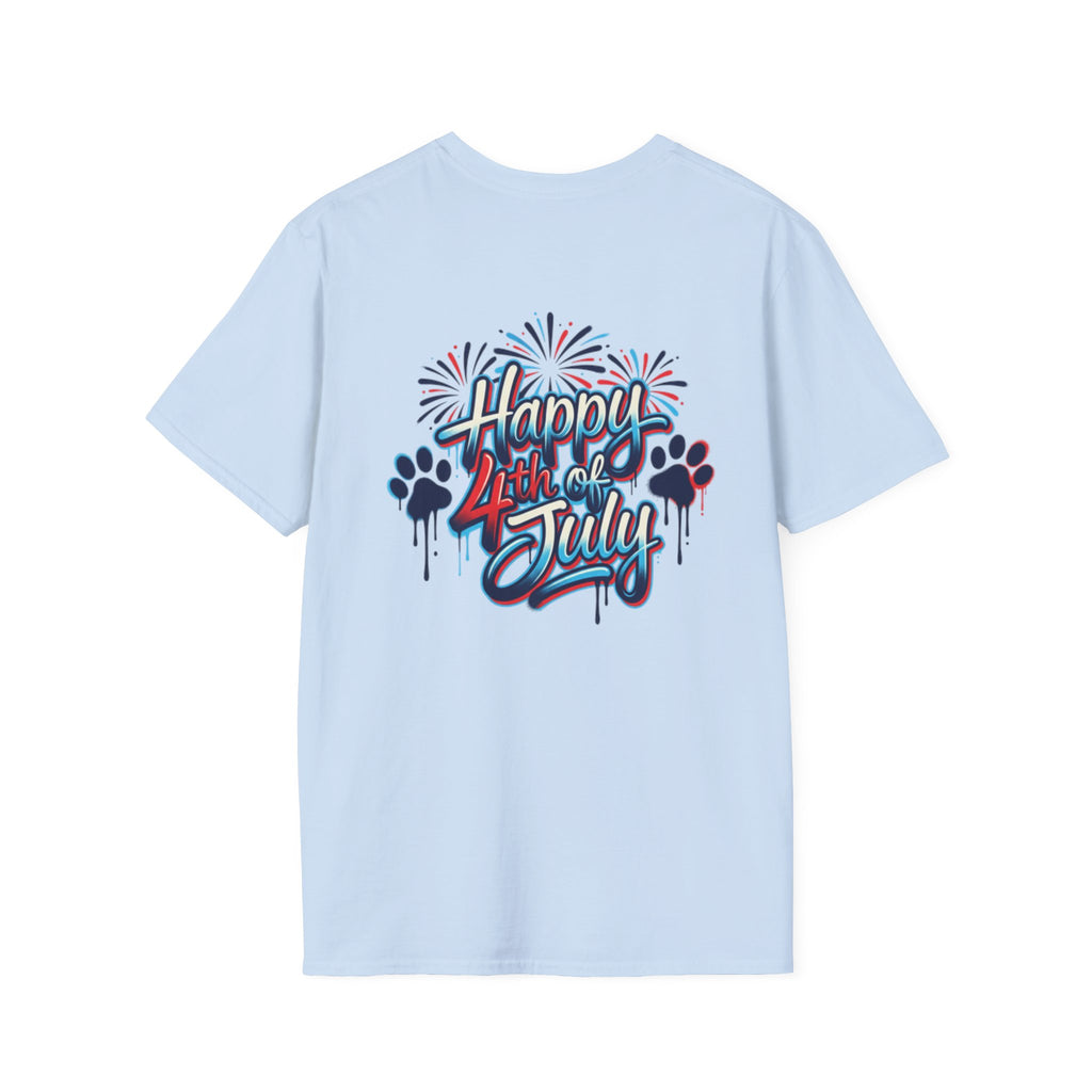 T-Shirt Gráfica 4 de Julho América — Bandeira dos EUA Patriótica e Design de Fogo de Artifício