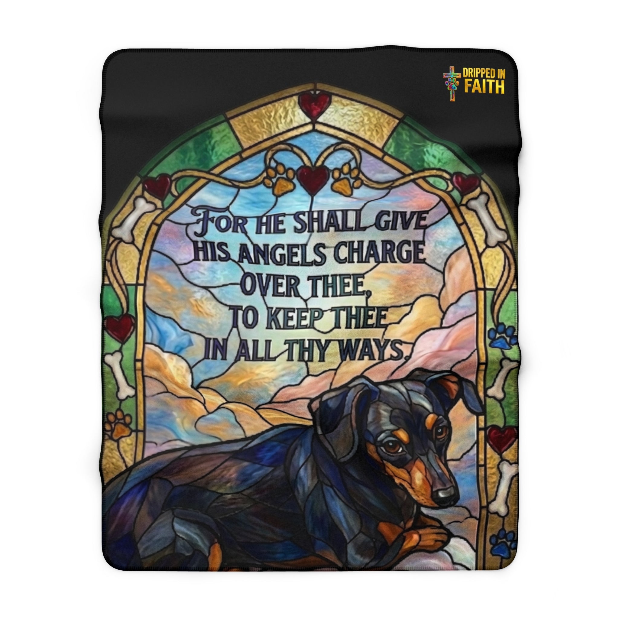 Dachshund Guardian Angel Sherpa Blanket — 'For He Shall Give His Angels Charge' Stained Glass Throw