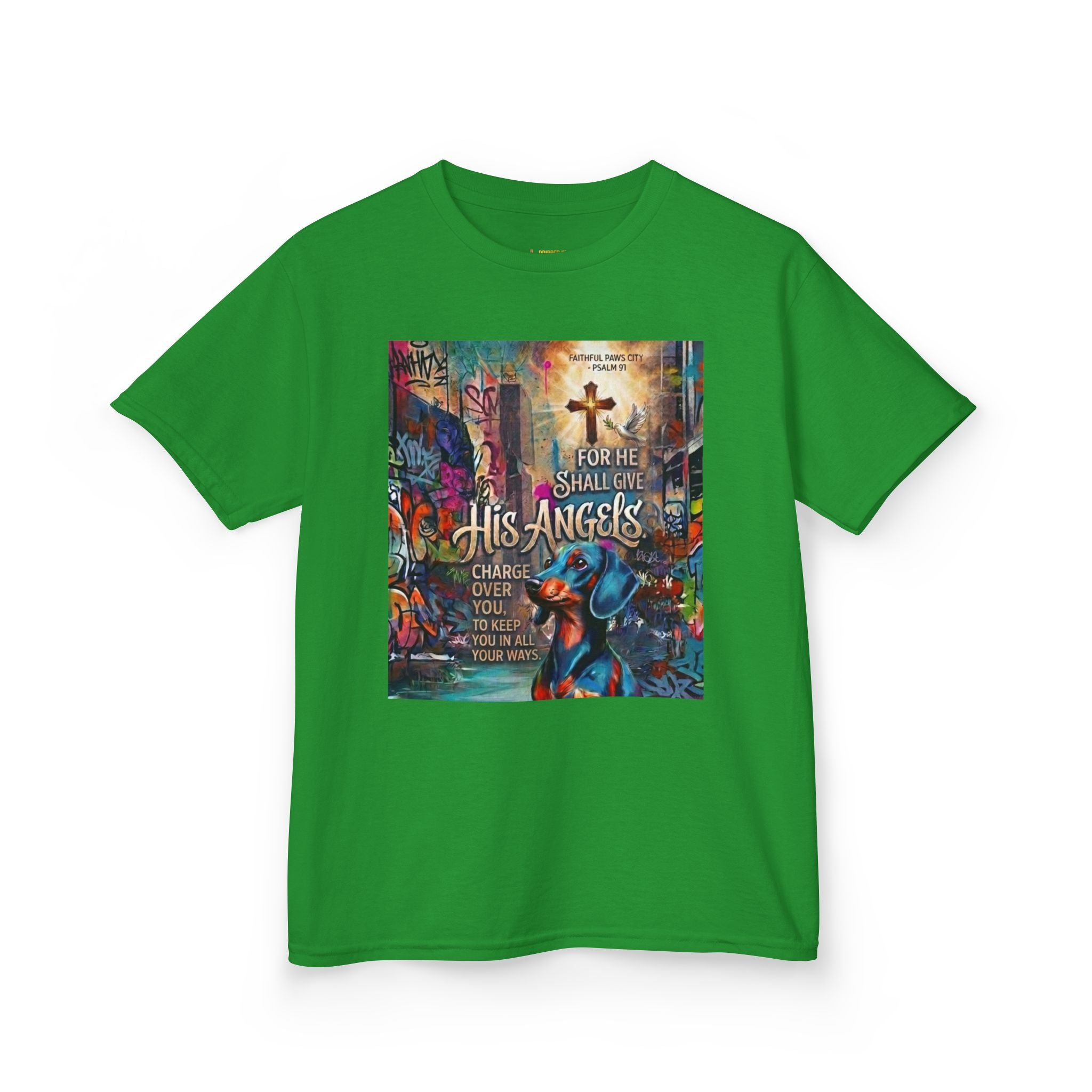 Kids Grafitti Dachshund T-Shirt — "Faithful Paws City" Colorful Angels & Paw Print Graphic Tee