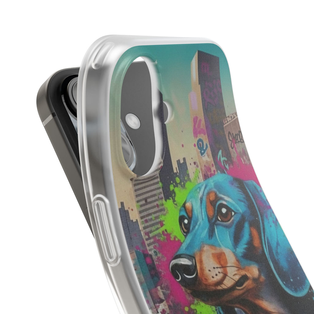 Funda flexible para teléfono de arte callejero de Dachshund — Funda de iPhone con perro de grafiti colorido