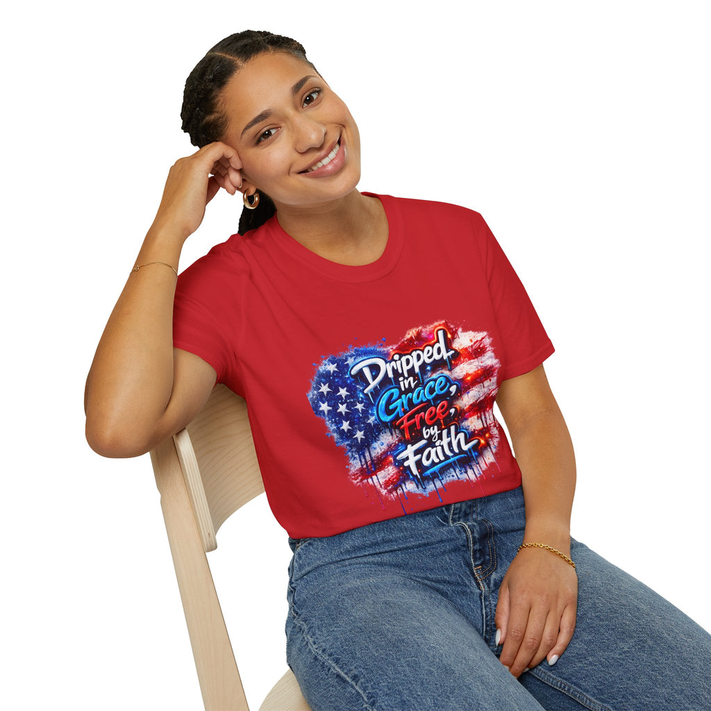 T-Shirt — "Dripped in Grace, Free in Faith" American Flag Christian Graphic Tee - 4th of July