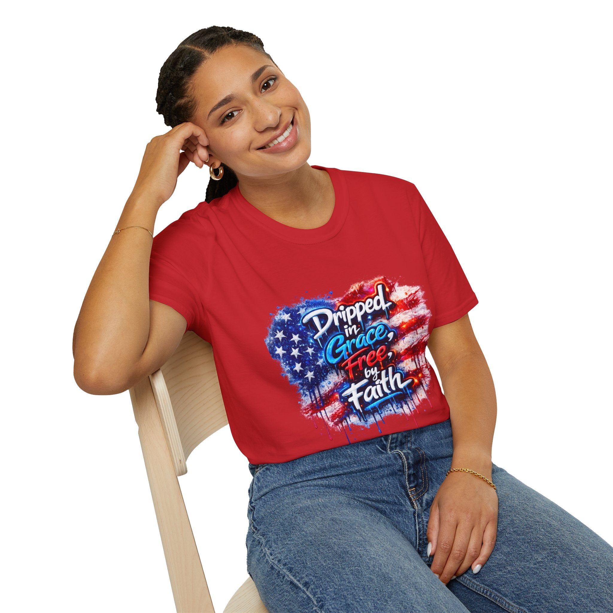 T-Shirt — "Dripped in Grace, Free in Faith" American Flag Christian Graphic Tee - 4th of July