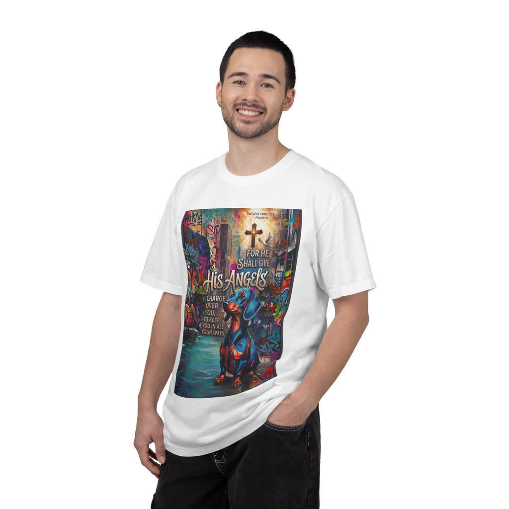 Unisex Christian Dog Grafitti T‑Shirt — "For He Shall Give His Angels Charge Over You" Inspirational Paw Print Tee