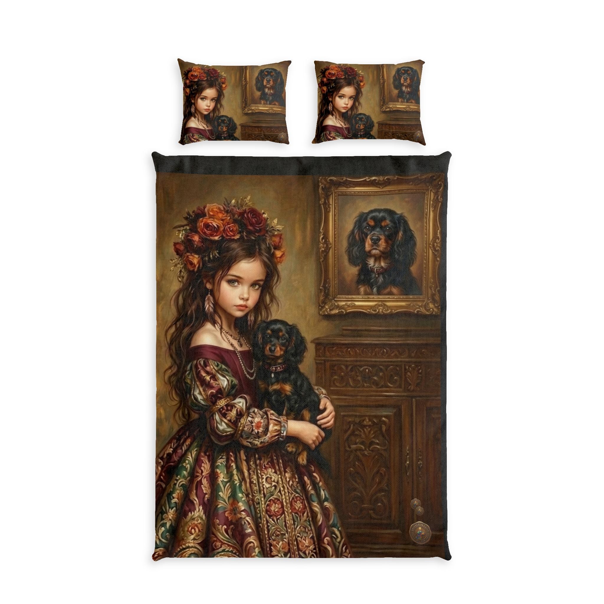 Victorian Girl & Puppy Cotton Bed Set — Vintage Portrait Duvet Cover