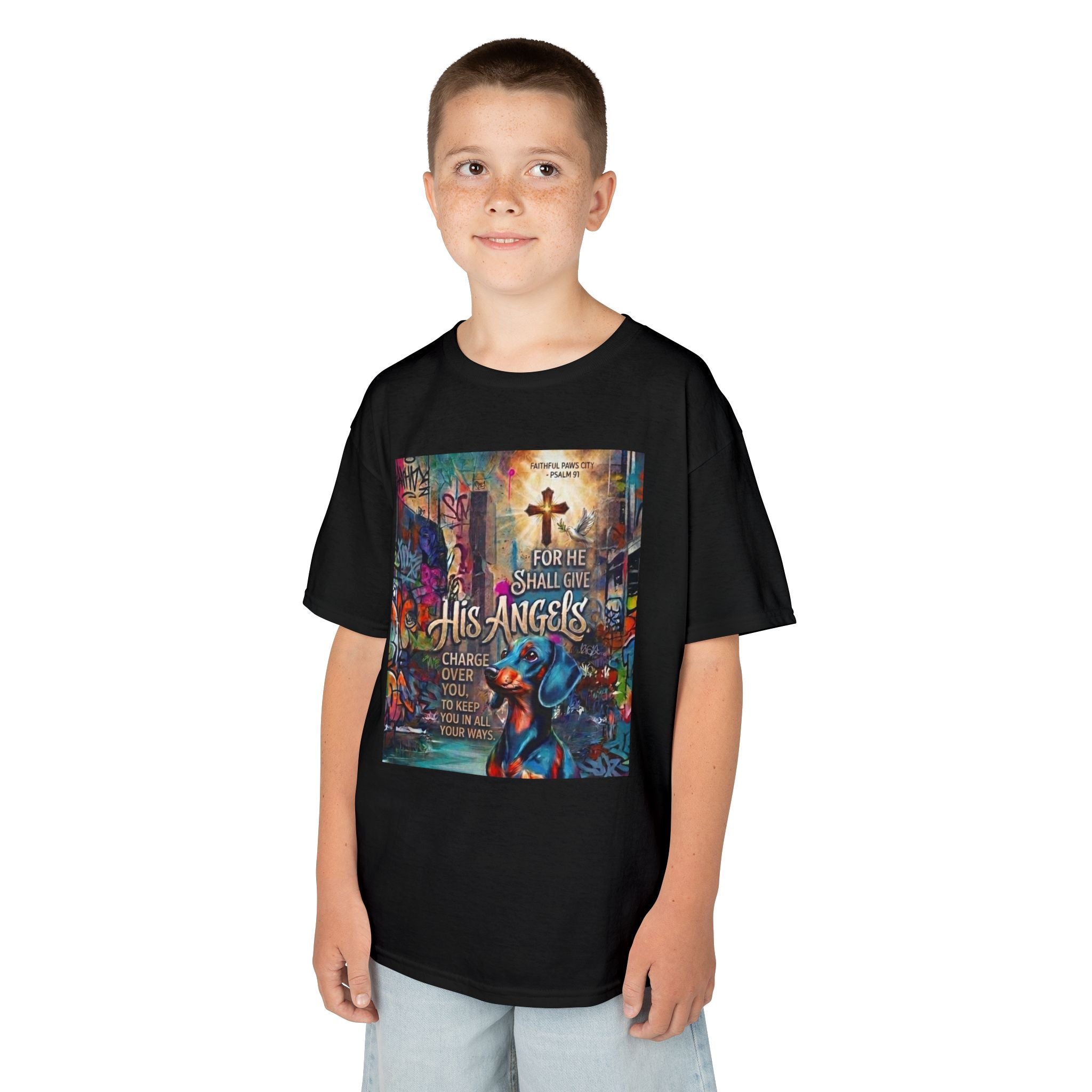 Kids Grafitti Dachshund T-Shirt — "Faithful Paws City" Colorful Angels & Paw Print Graphic Tee